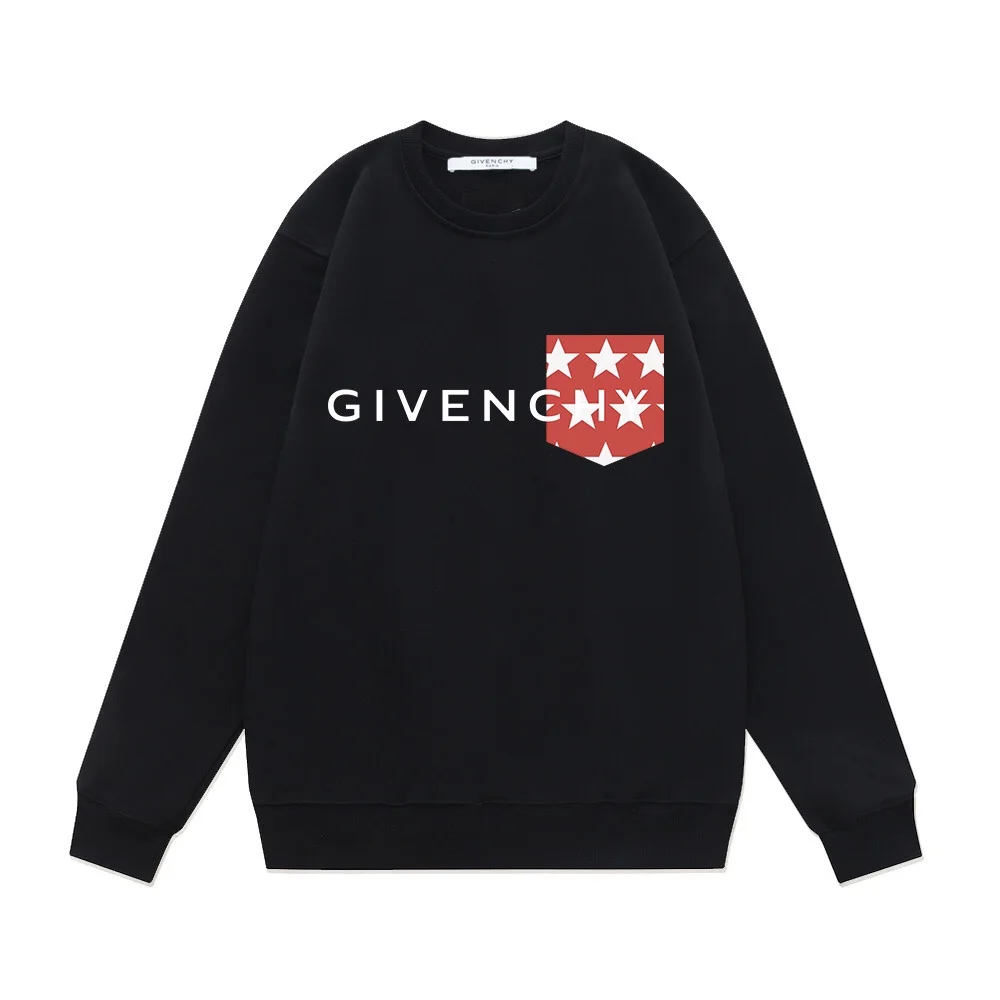 Givenchy FW Black Crewneck Sweatshirt with Fake Pocket & Star Pattern