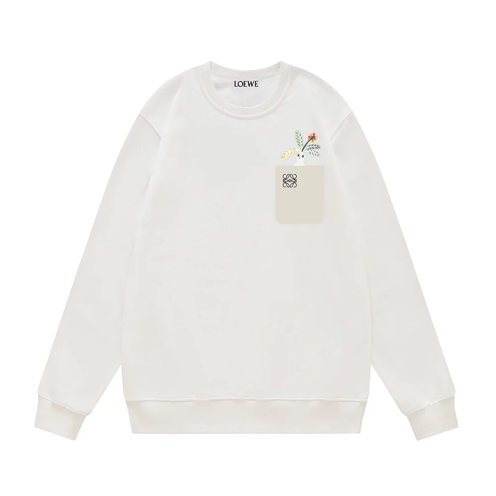 Loewe White AW Crew Neck Sweatshirt with Fake Pocket & Floral Pattern