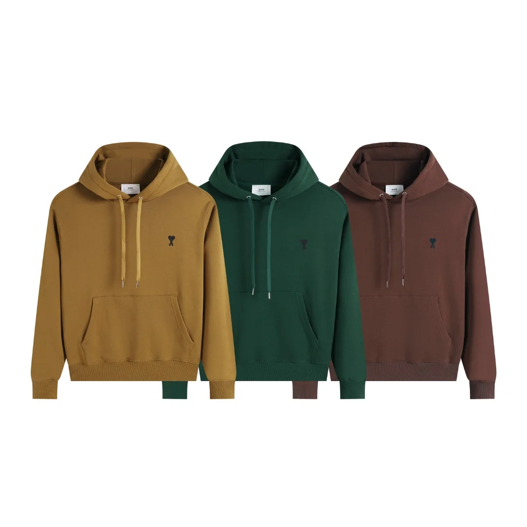 Ami 2025 Mustard/Dark Green/Brown Hoodie with Embroidered Small Heart