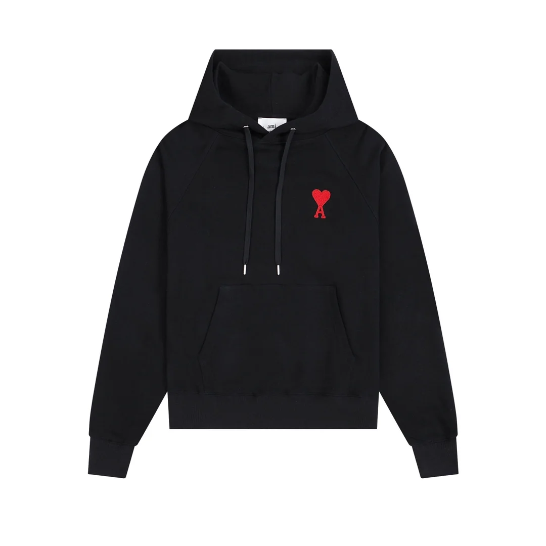 Ami Black Hoodie with Red Heart Towel Embroidery