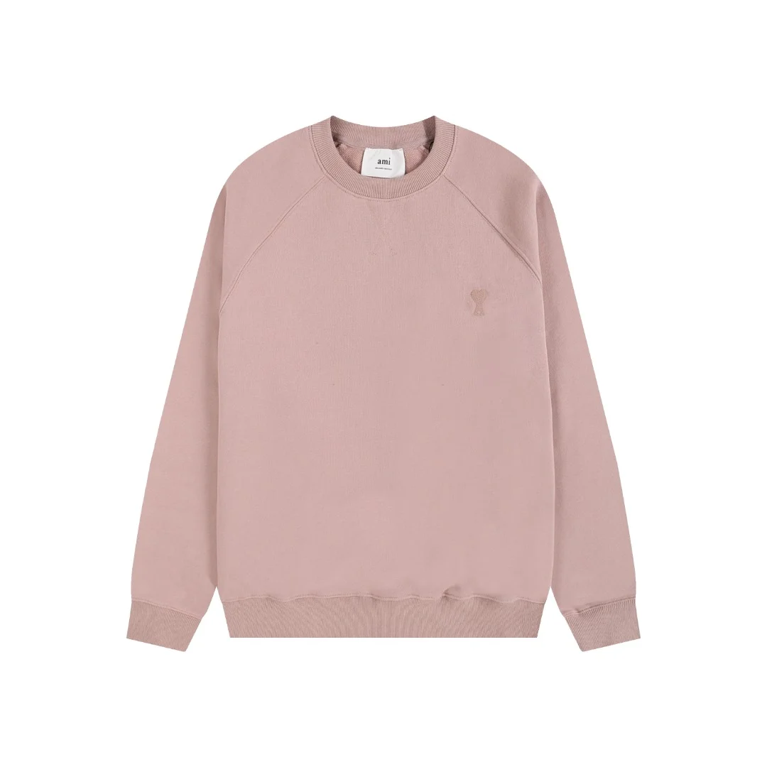 Ami 2025 New Dark Pink Crew-Neck Sweatshirt with Same-Color Heart Embroidery