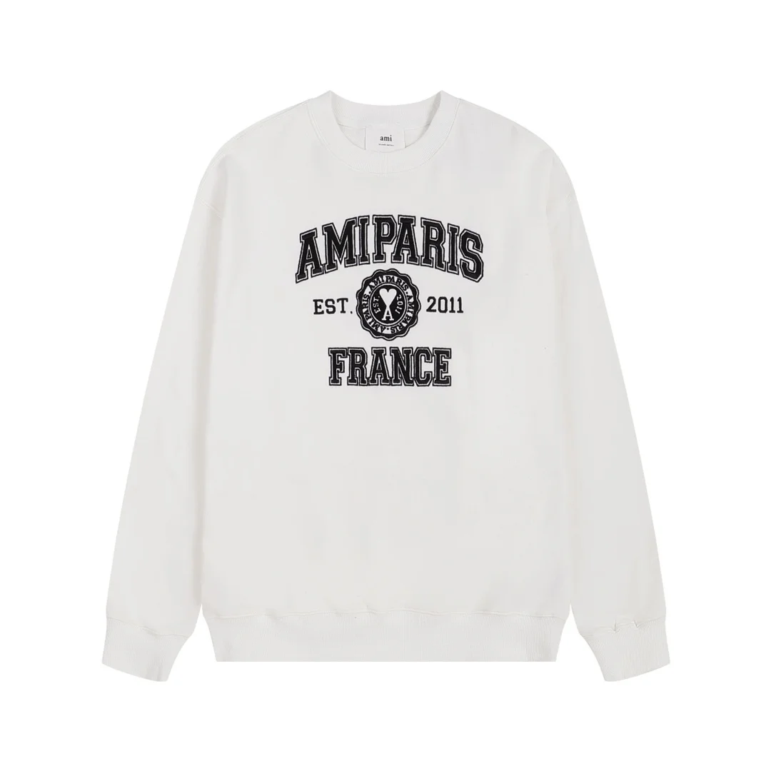 Ami 2025 Anniversary White Crewneck Sweatshirt with Full-Embroidery Letter Badge