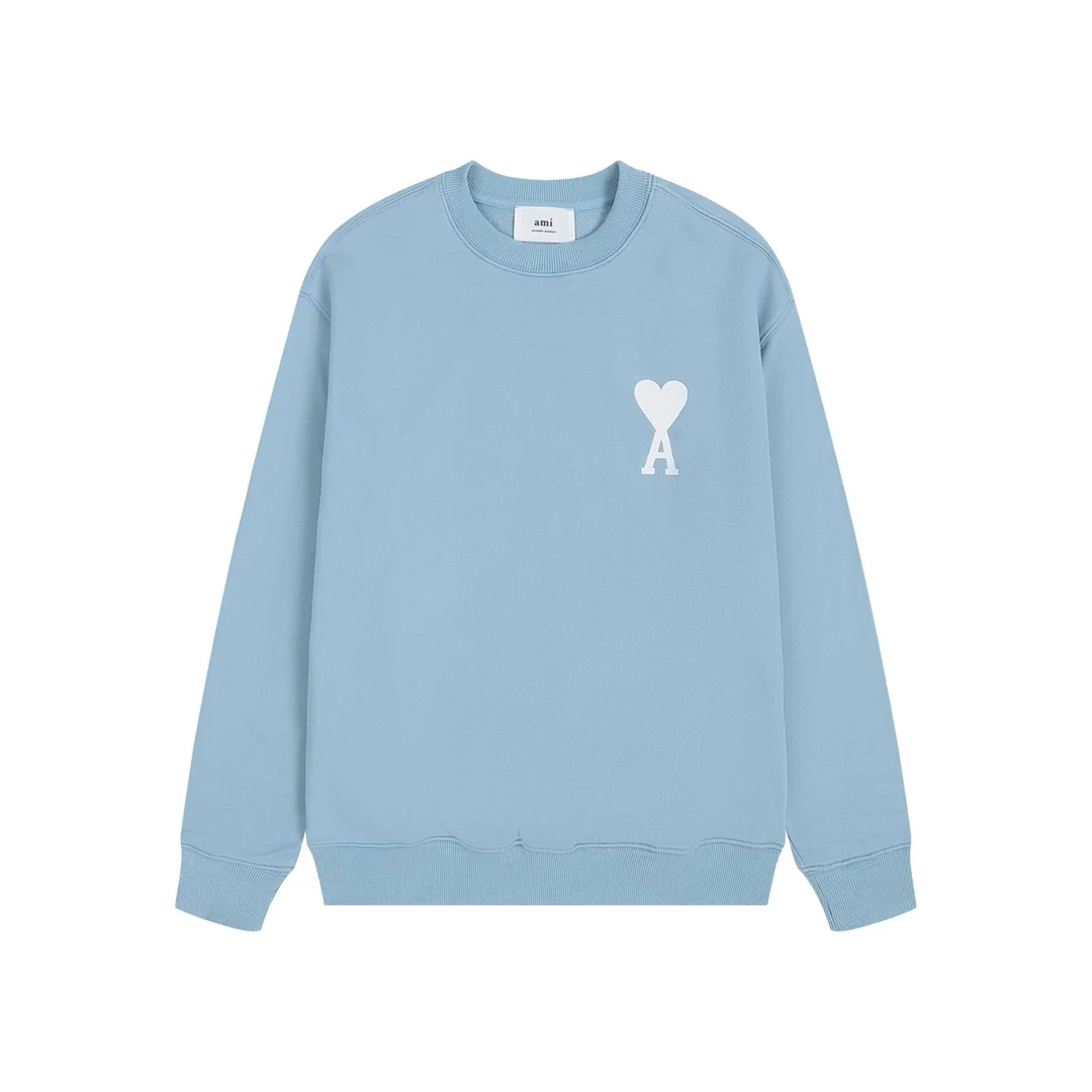 Ami 2025 New Light Blue Crew-Neck Sweatshirt with Heart-A Embroidery
