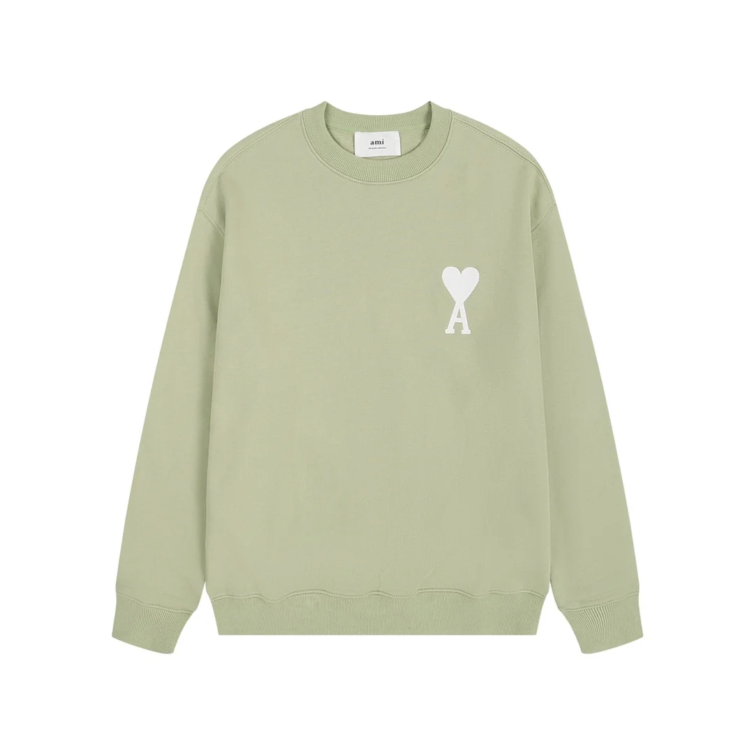 Ami 2025 New Green Crew Neck Sweatshirt with Heart-A Embroidery