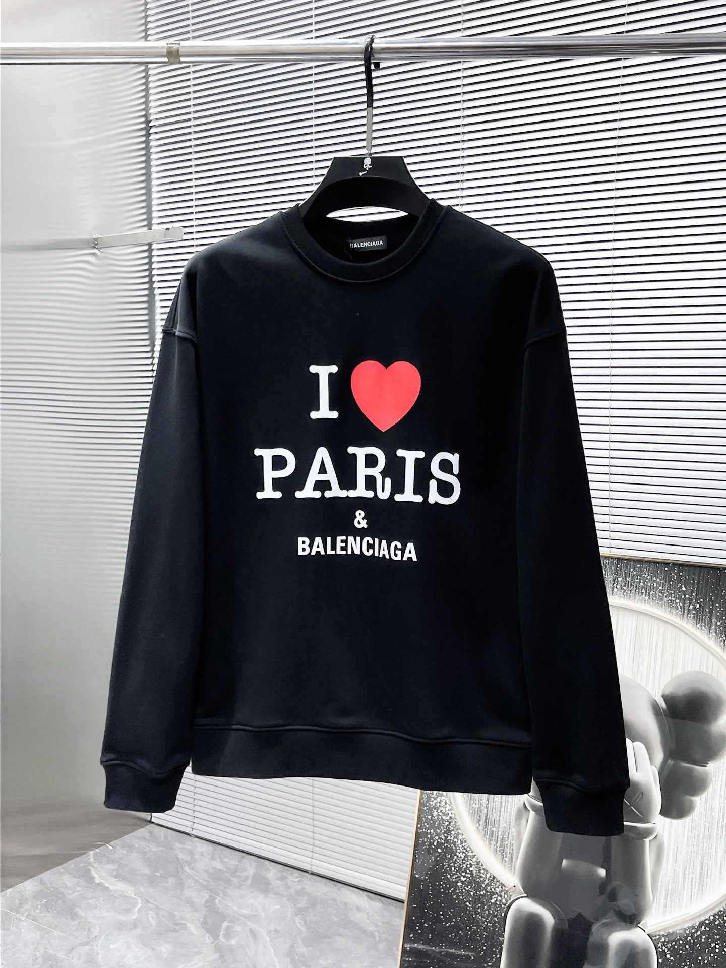Balenciaga 2025SS Black Crew-Neck Sweatshirt with "I LOVE PARIS & BALENCIAGA"