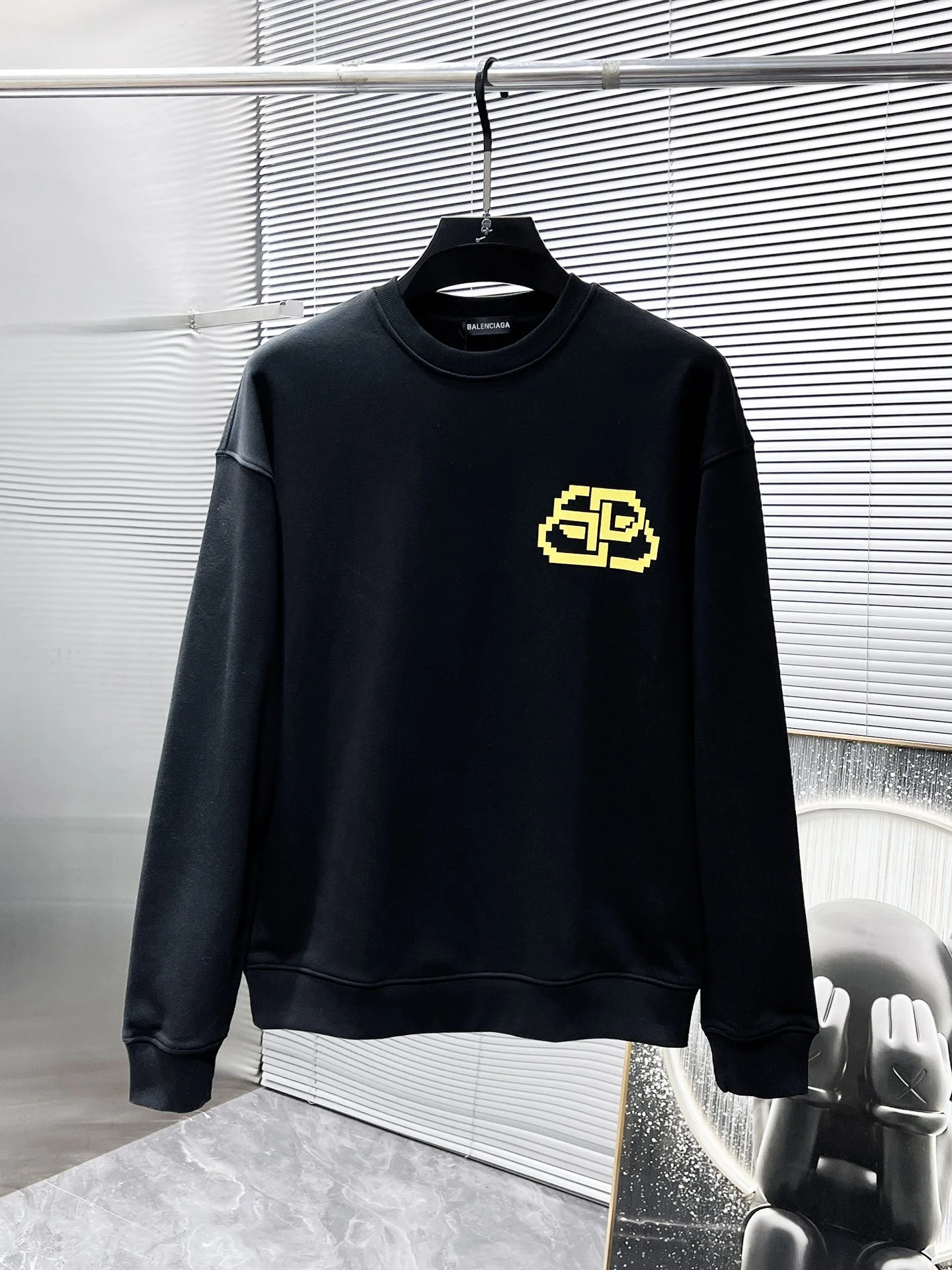 Balenciaga 2025SS Black Crew Neck Sweatshirt with Yellow Pixel Logo