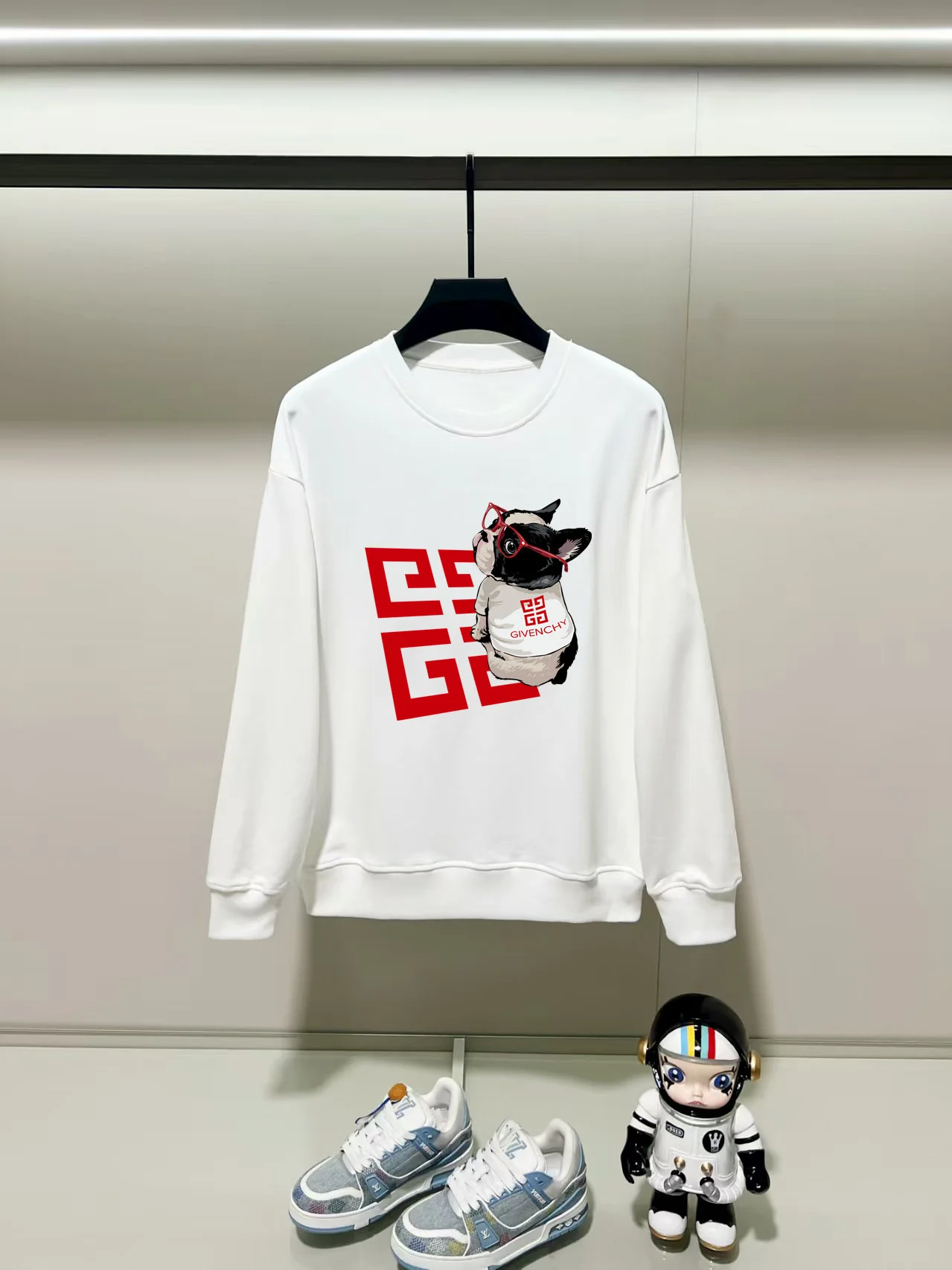 Givenchy 2025AW White Crew-Neck Sweatshirt with French Bulldog & Logo