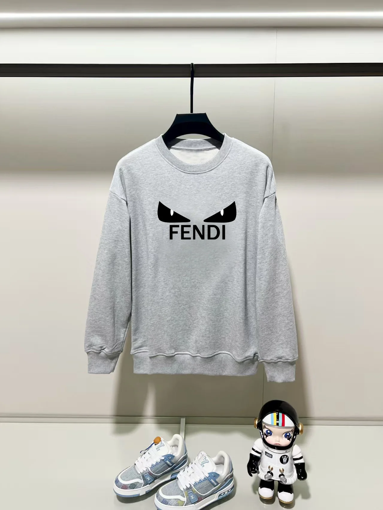 Fendi 2025AW Grey Crew Neck Sweatshirt with Monster Eyes & Logo Print