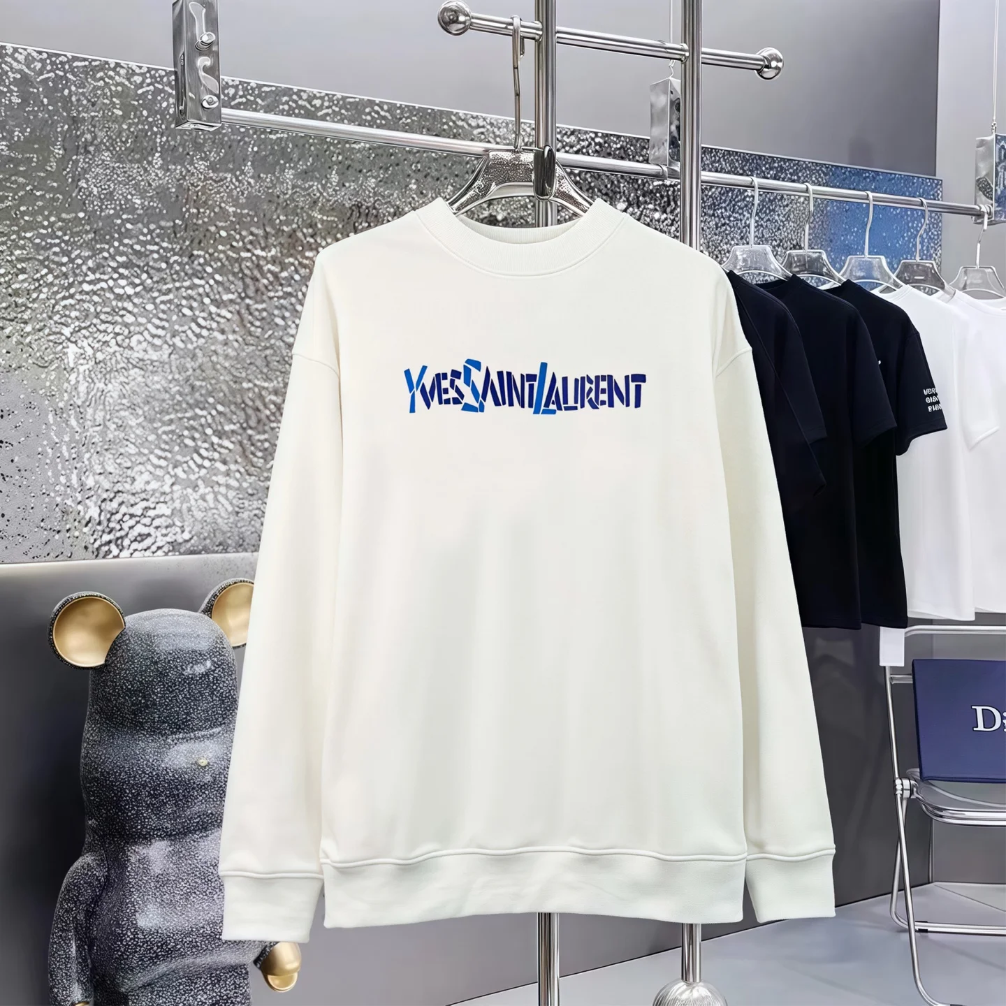 Yves Saint Laurent White/Black Crewneck Sweatshirt with Logo Print