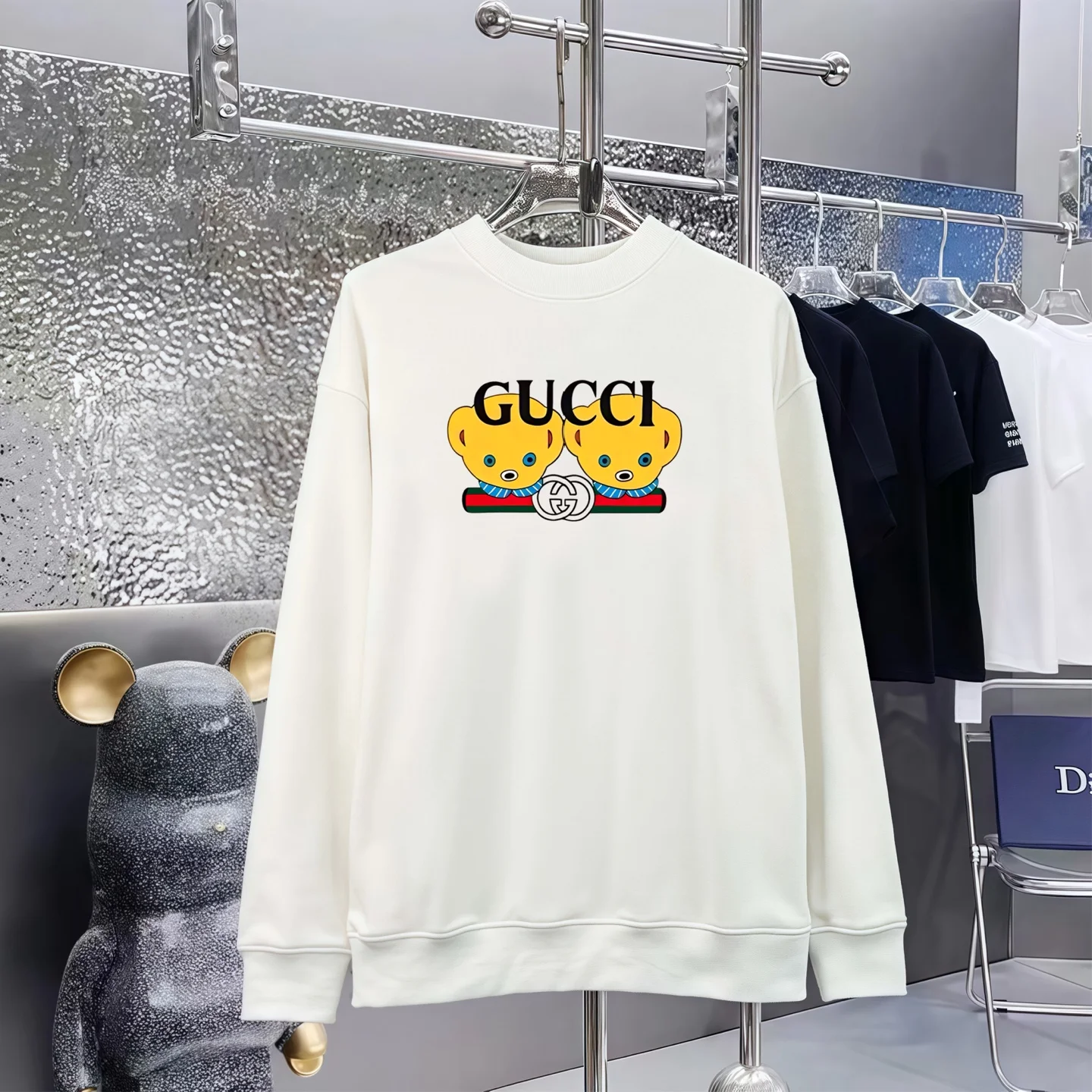 Gucci White Crewneck Sweatshirt with Twin Teddy Bear & Logo Print