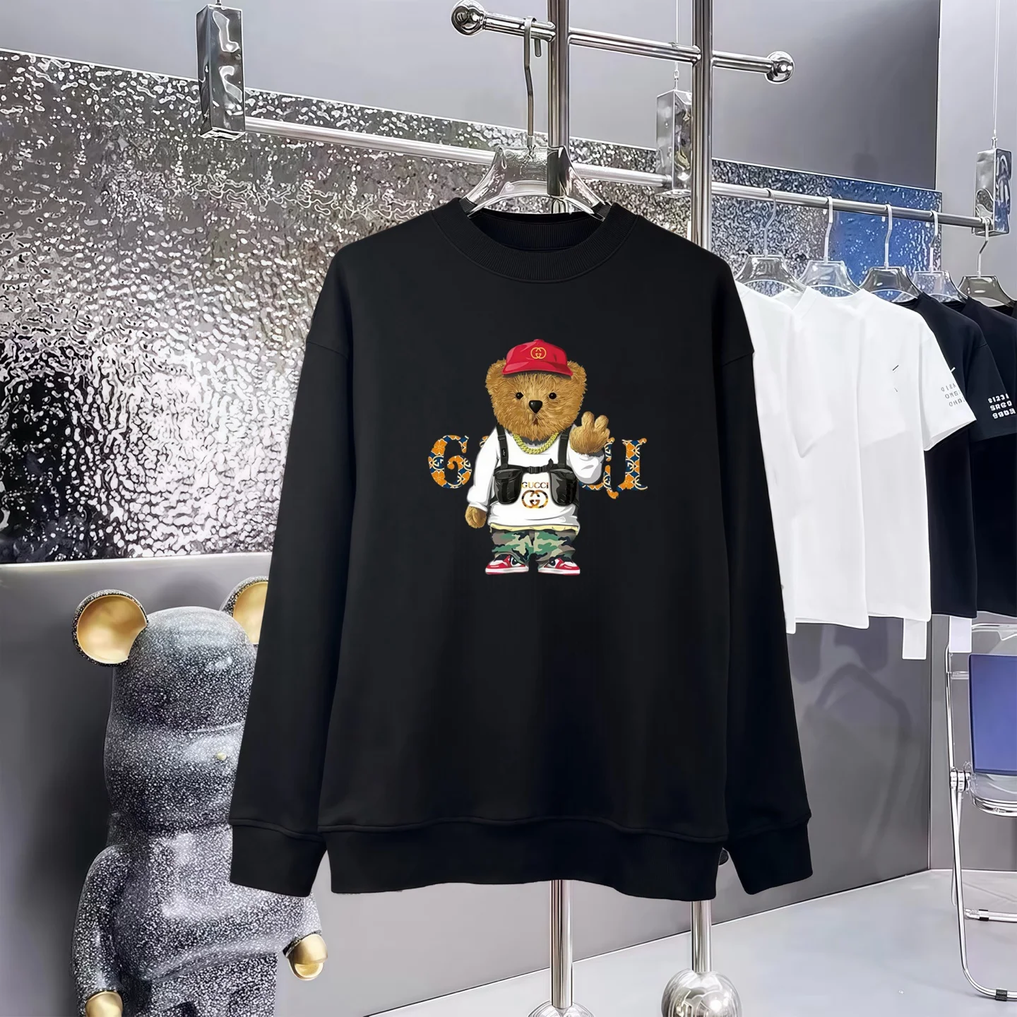 Gucci Black Crew-Neck Sweatshirt with Teddy Bear & Logo Print