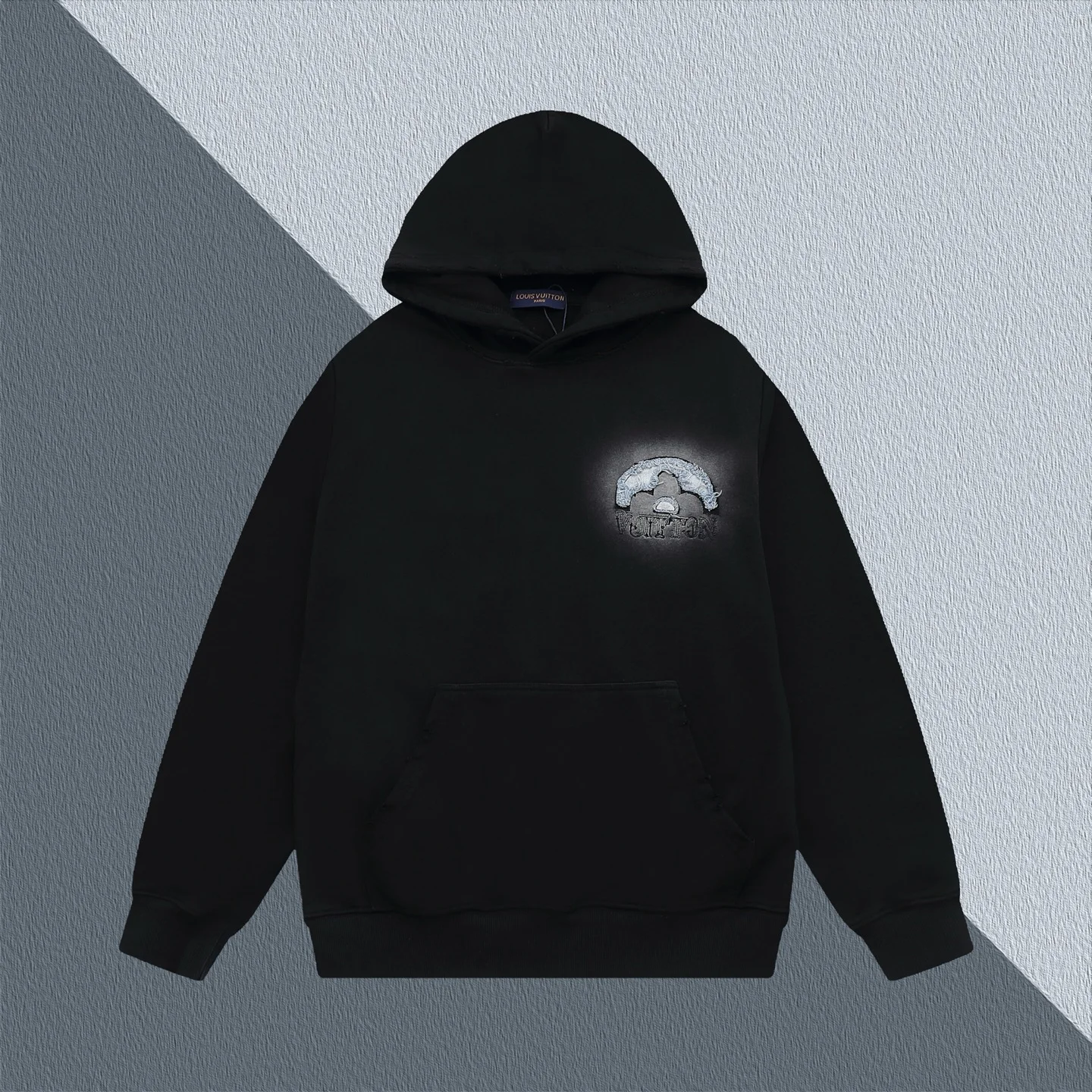 Louis Vuitton Black Heavy Washed Denim Embroidered Logo Hoodie Unisex
