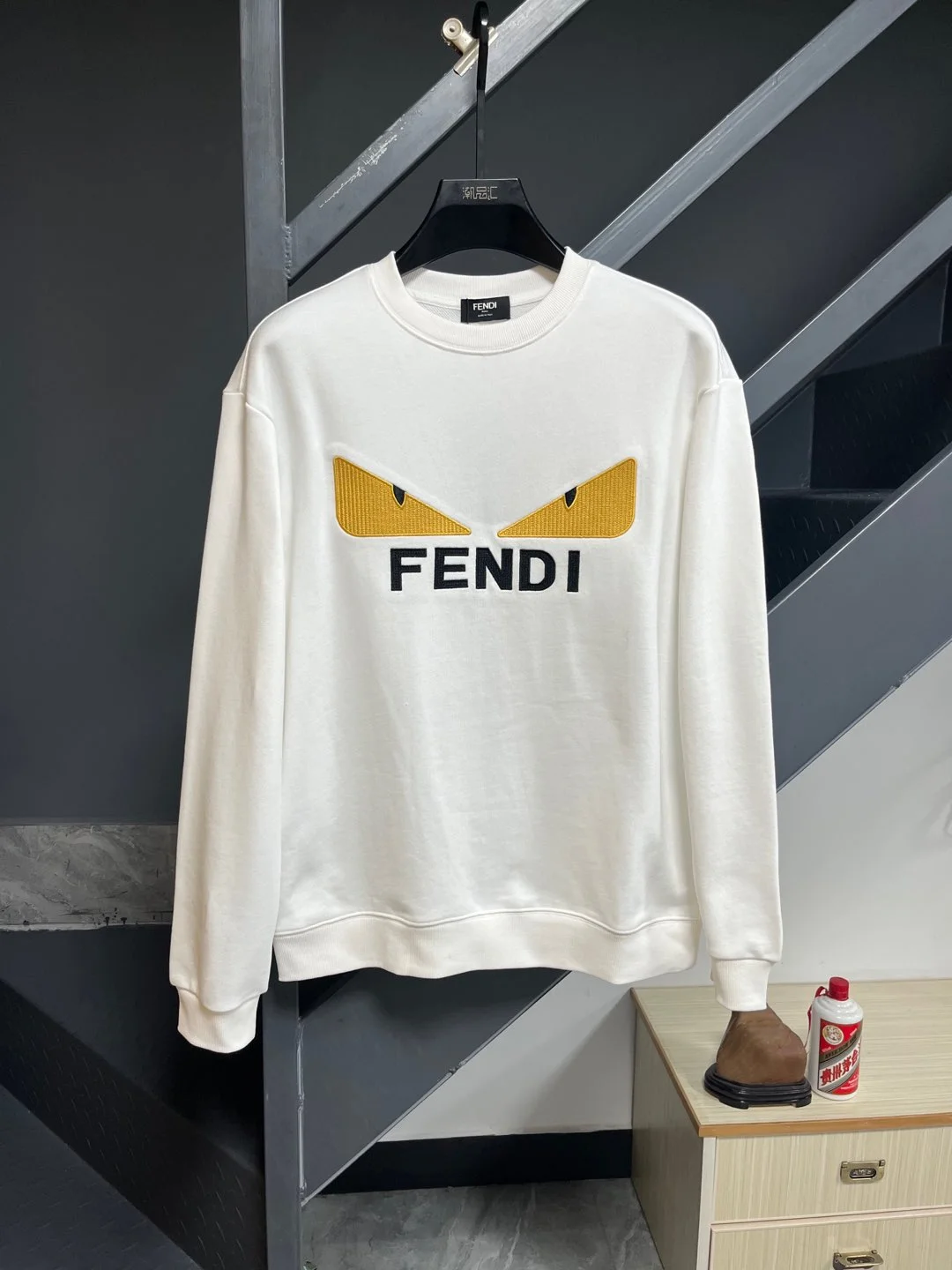Fendi White Sweatshirt with Classic Monster Eyes Embroidery Logo