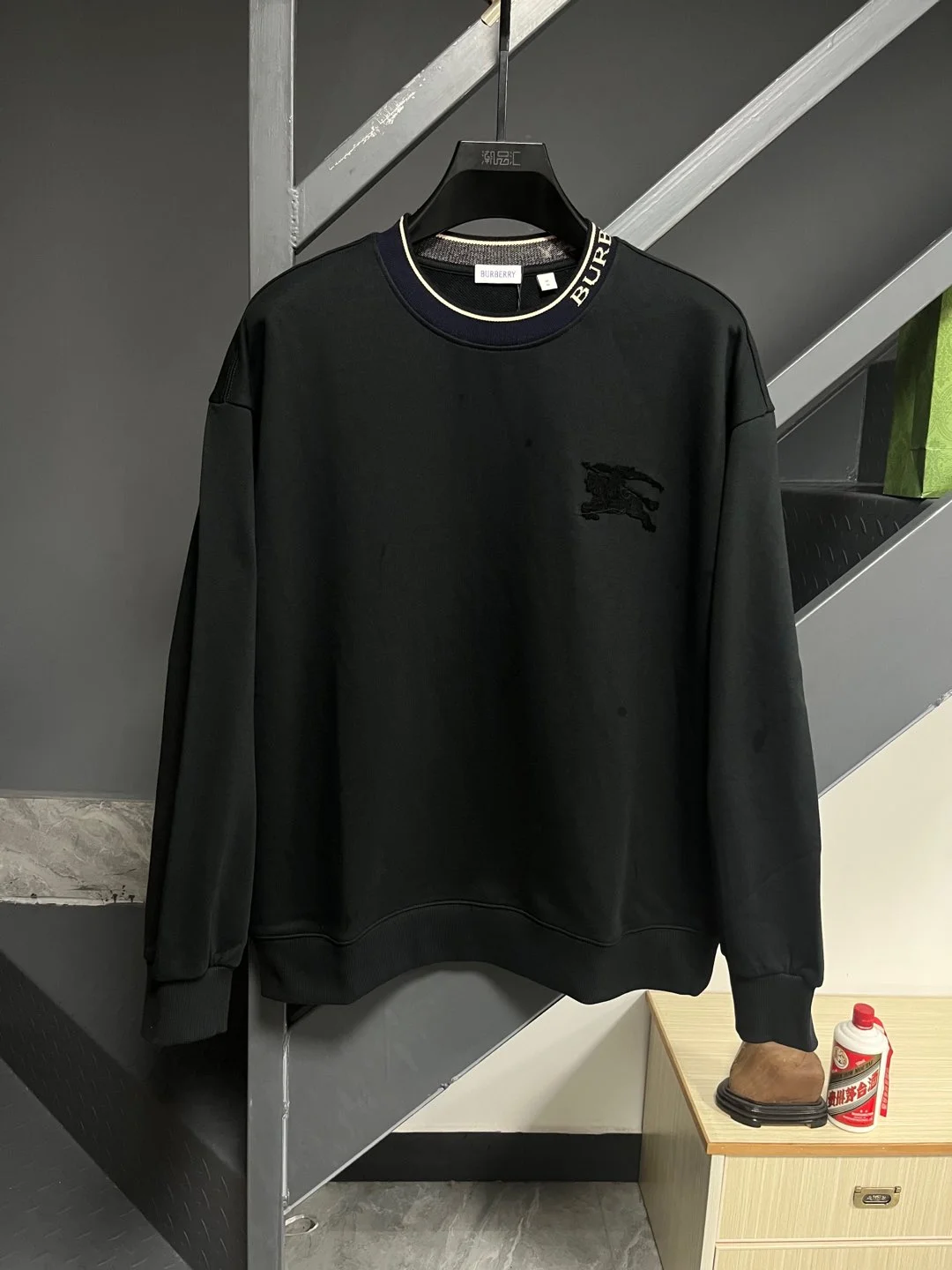 Burberry Black Crew Neck Sweatshirt with Knight Logo Flocking