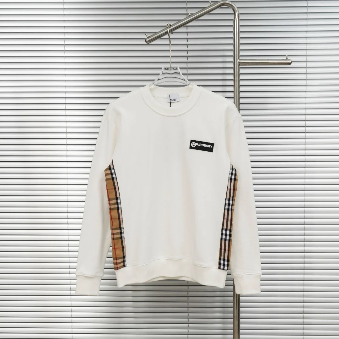 Burberry White Crew Neck Sweatshirt with Logo Patch & Check Sides