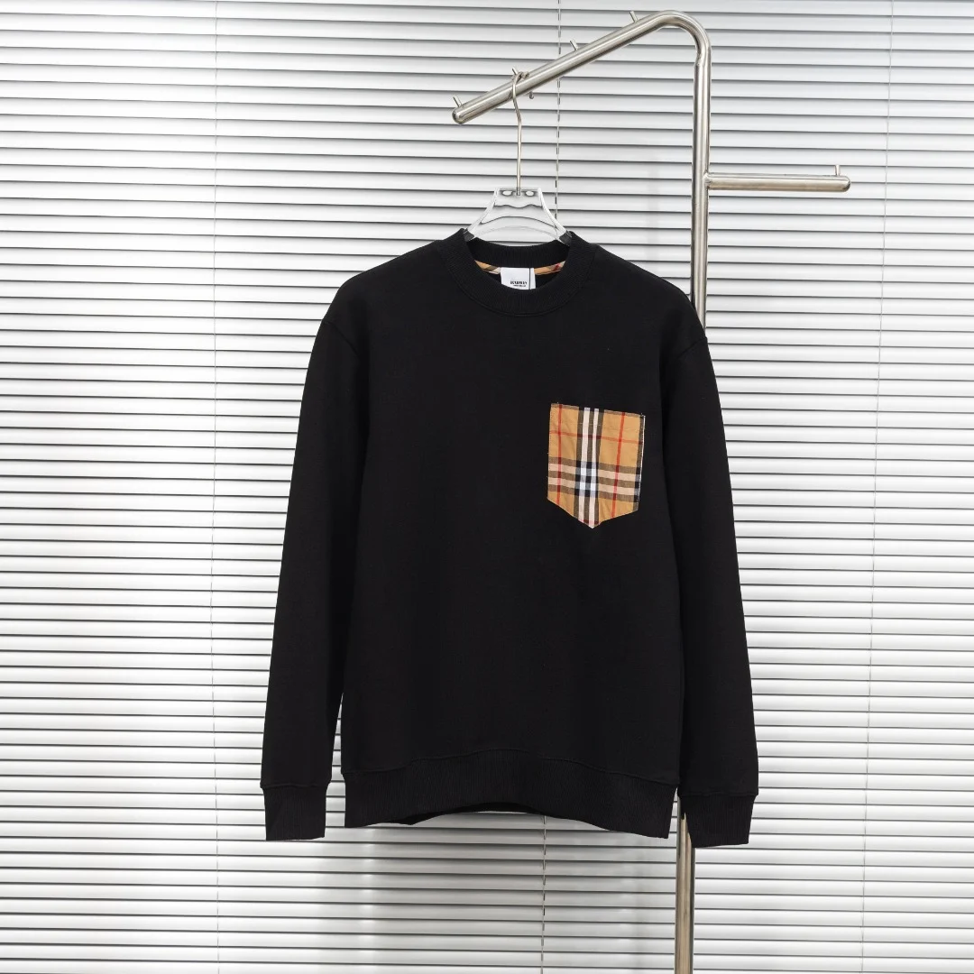 Burberry Black Crew Neck Sweatshirt with Check Pocket