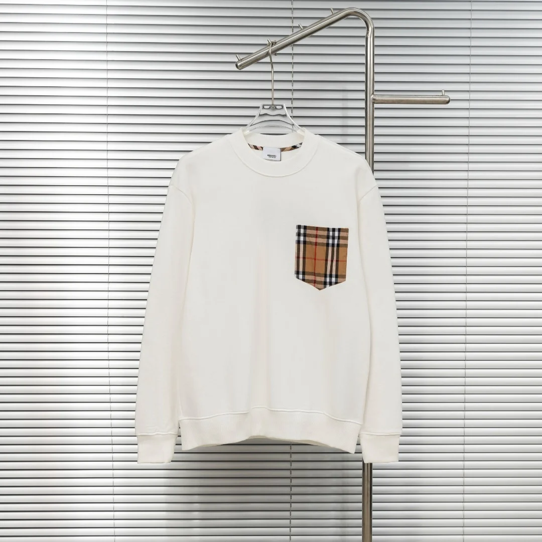 Burberry White Crew Neck Sweatshirt with Check Pocket