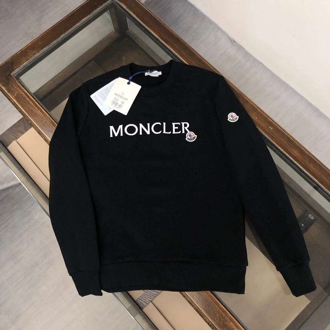 Moncler 2024 Black Crew-Neck Sweatshirt with Heavy Embroidery