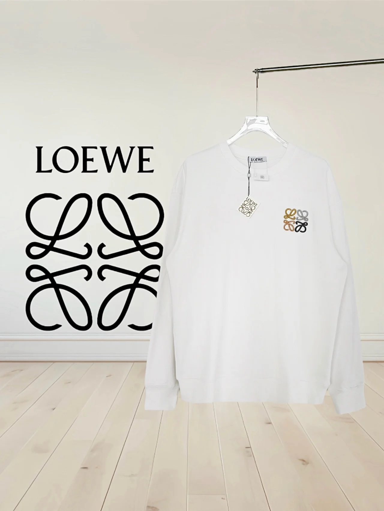 Loewe White Crewneck Sweatshirt with Multicolor Embroidered Logo