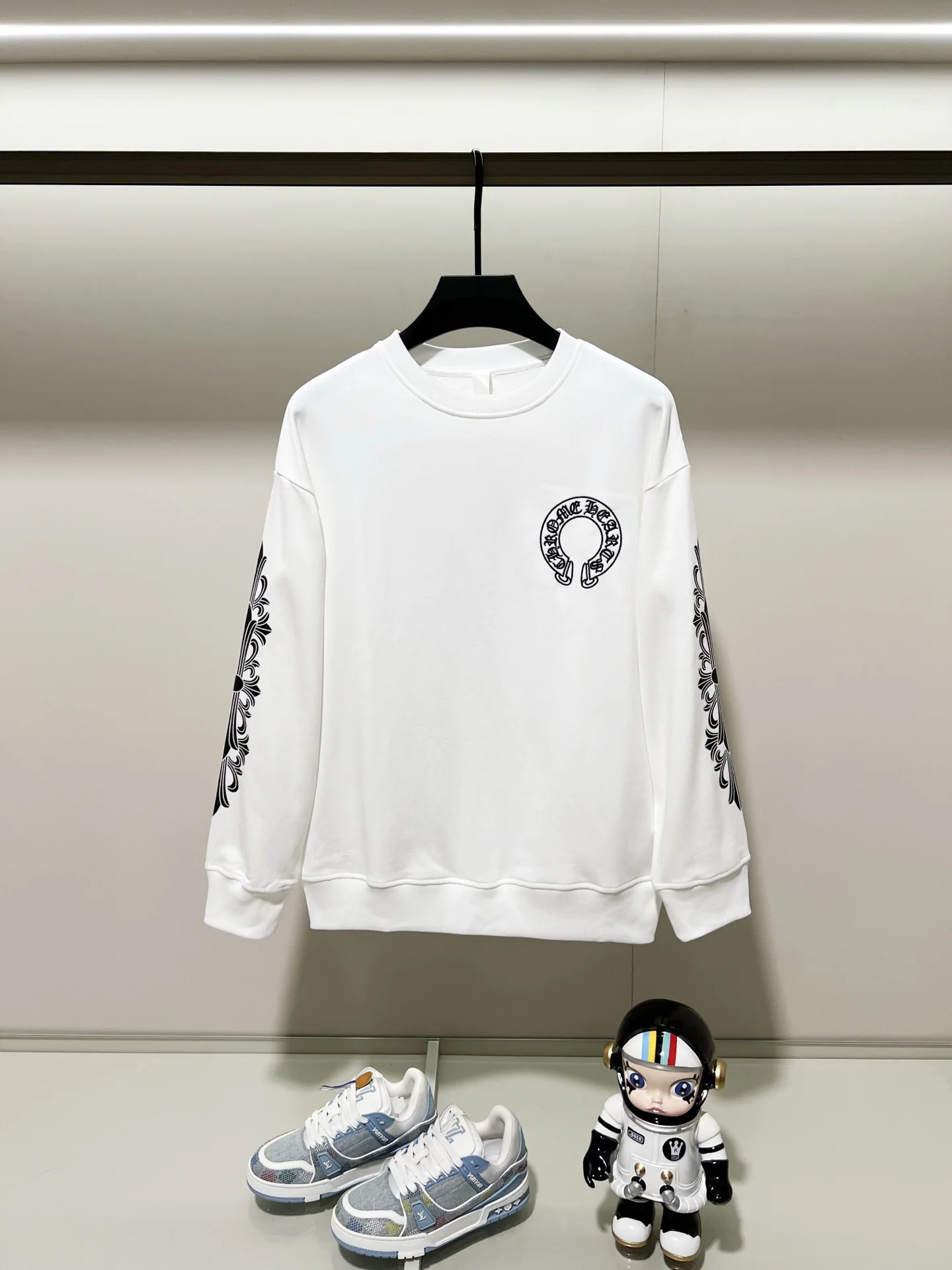 Chrome Hearts White Crewneck Sweatshirt with Horseshoe Sanskrit Embroidery