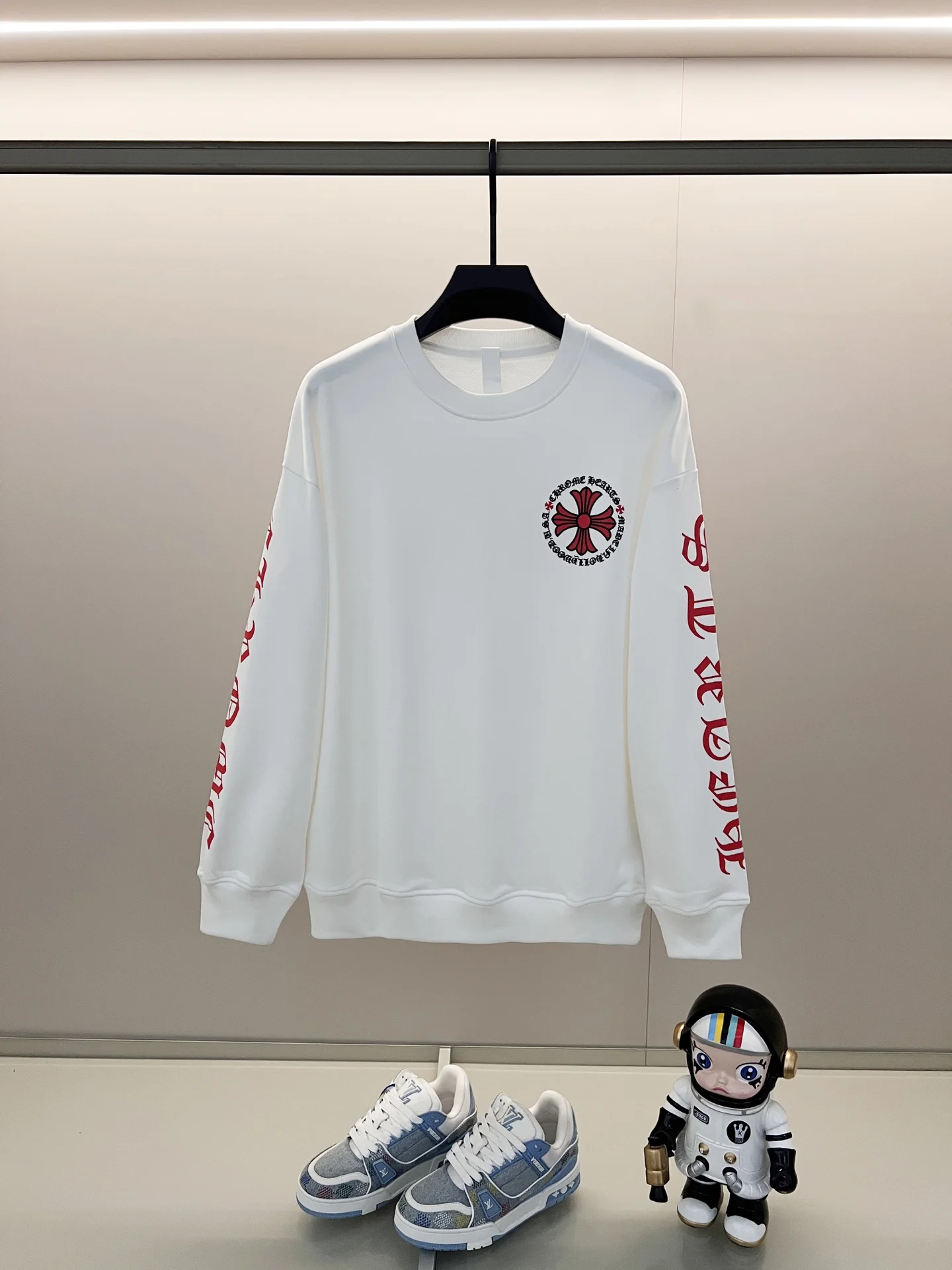 Chrome Hearts White Crewneck Sweatshirt with Cross & Gothic Letter Print