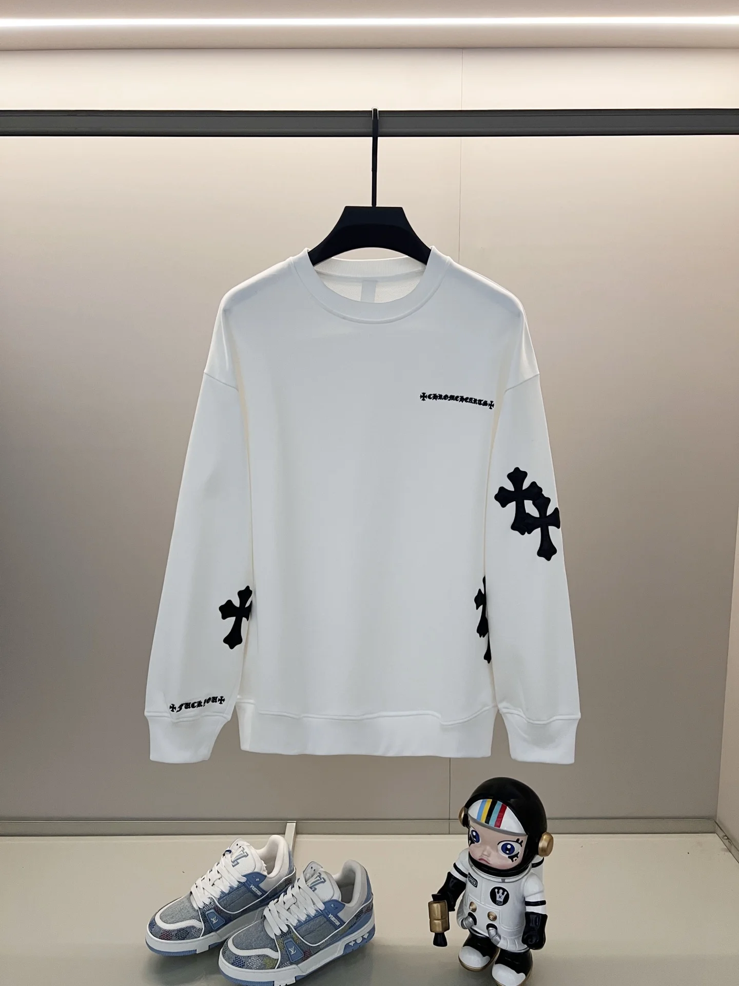 Chrome Hearts White Crewneck Sweatshirt with Sanskrit Embroidery & Leather Cross