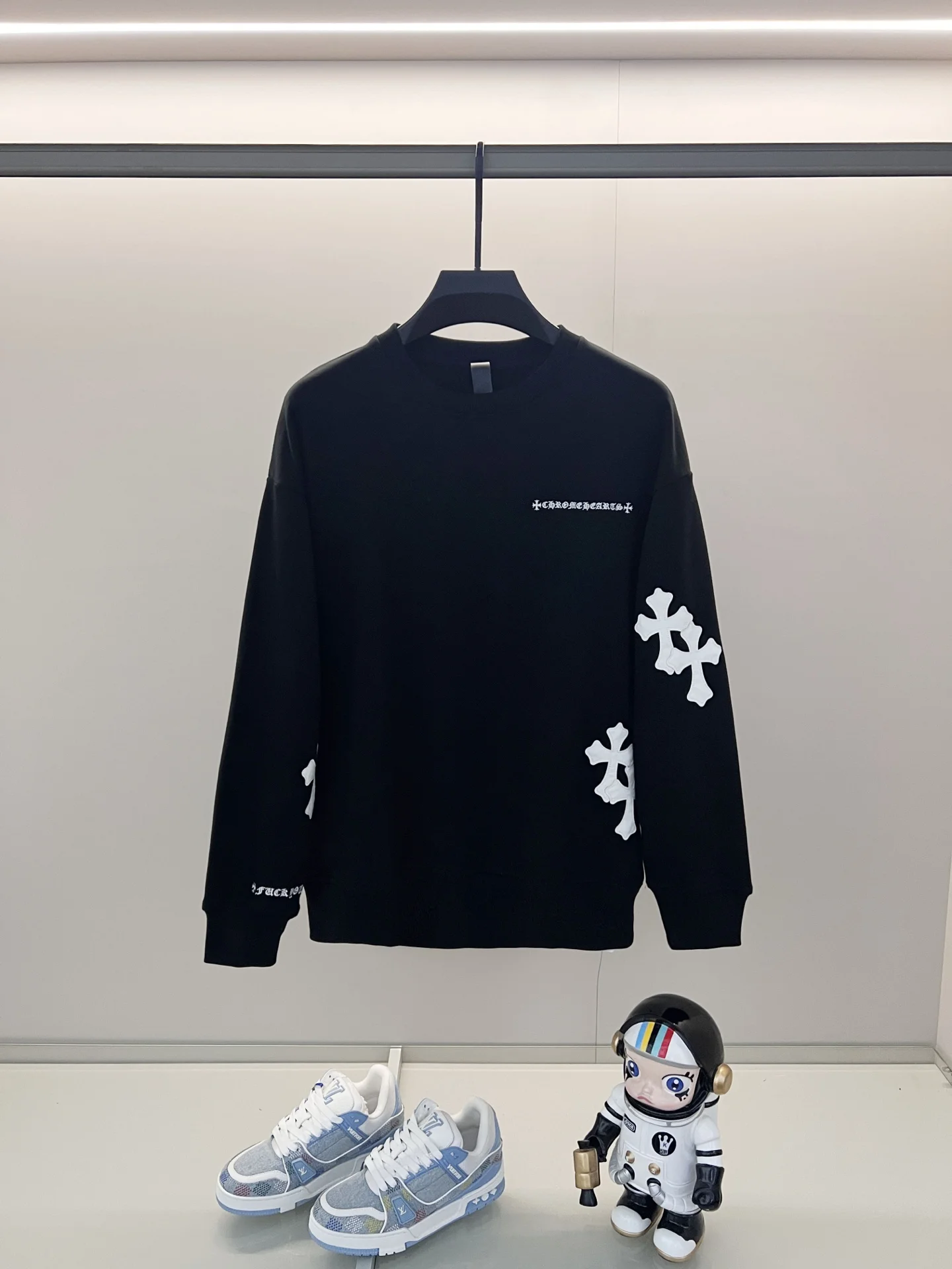 Chrome Hearts Black Crewneck Sweatshirt with Sanskrit Embroidery & Cross