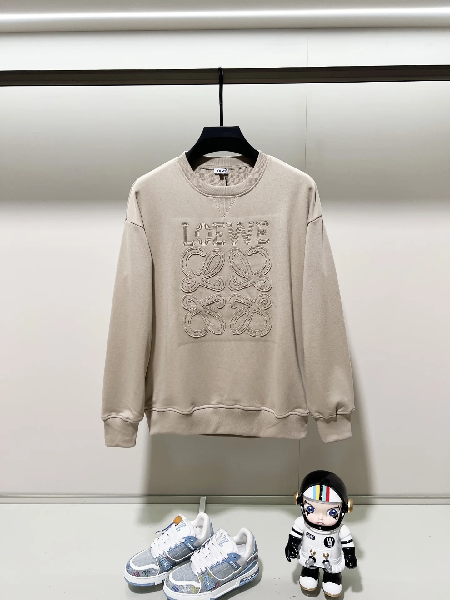 Loewe Beige Crew Neck Sweatshirt with Embroidered Logo & Knitted Totem