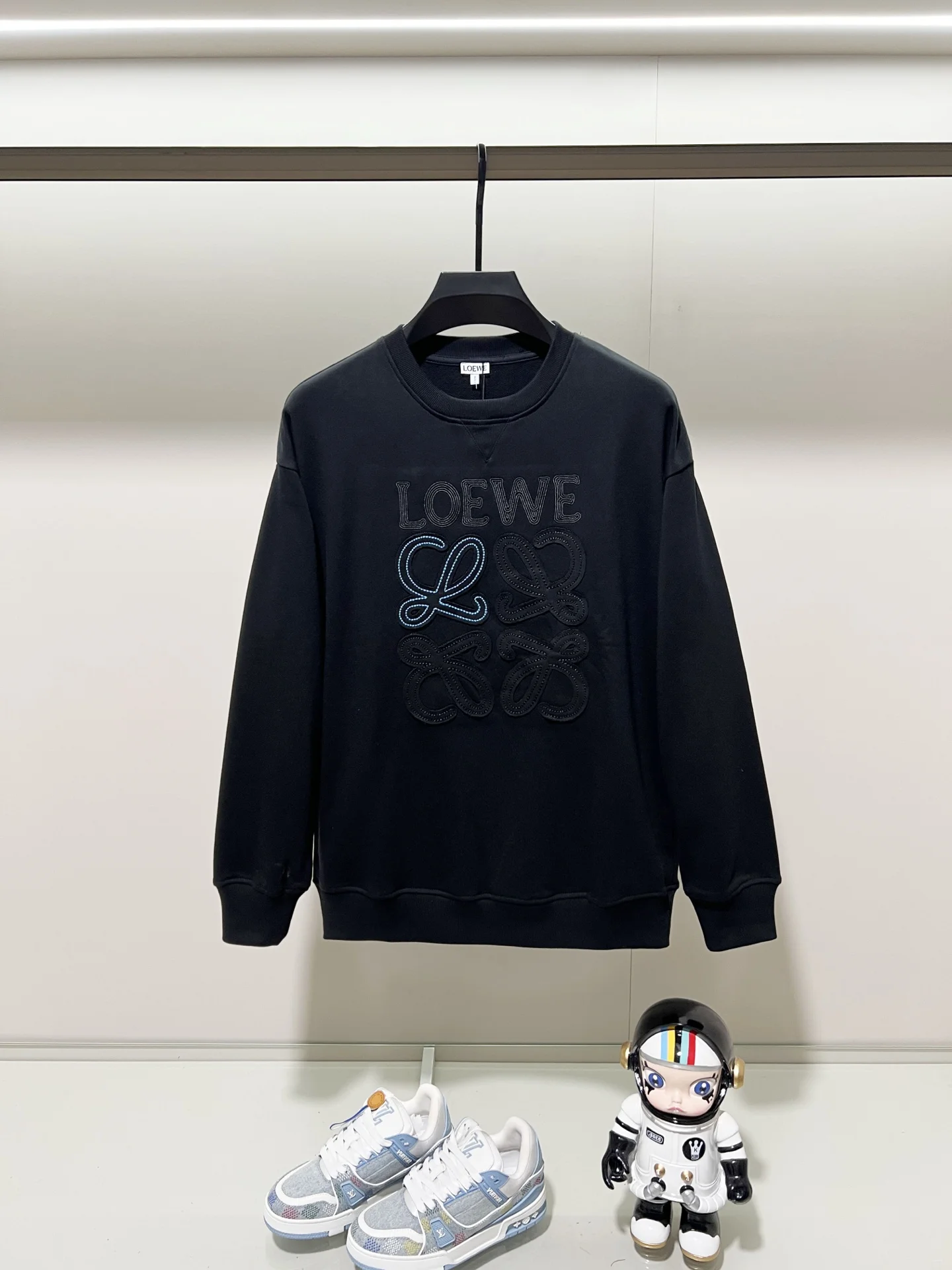 Loewe Black Crew Neck Sweatshirt with Contrast-Letter Totem Embroidery