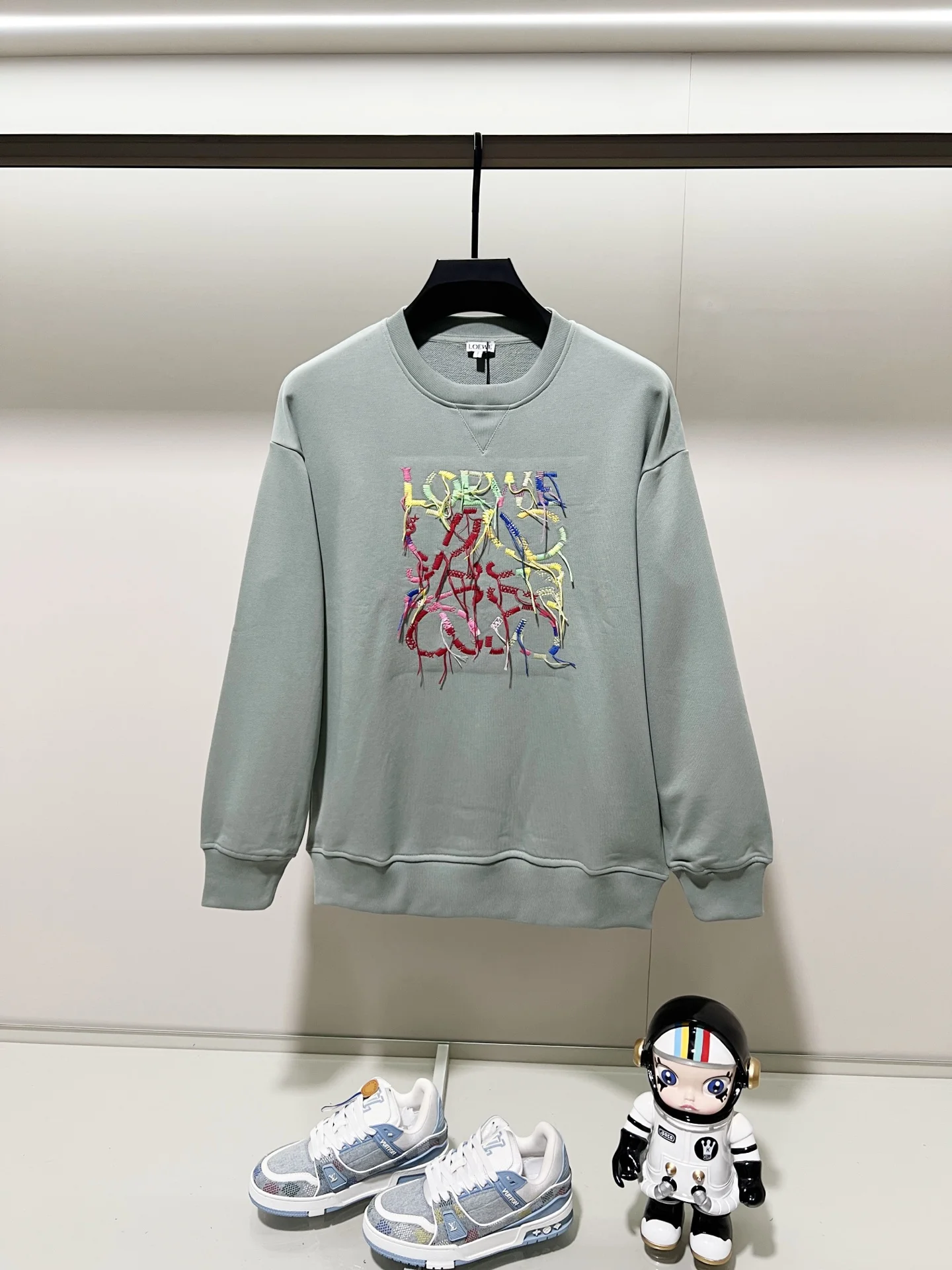 Loewe Light Green Crew Neck Sweatshirt with Colorful Tassel Logo