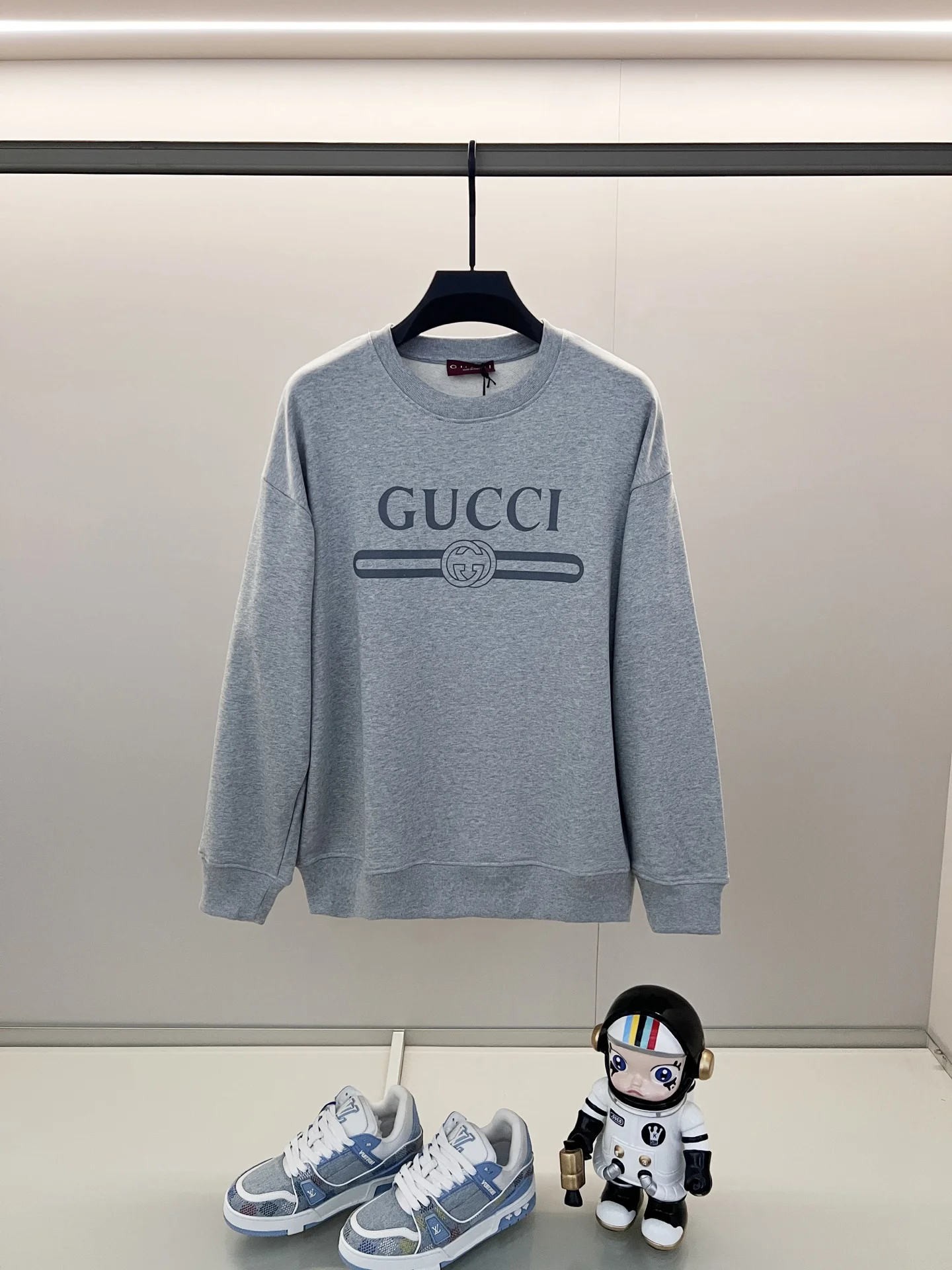 Gucci Gray Crew Neck Sweatshirt with Belt Logo Print