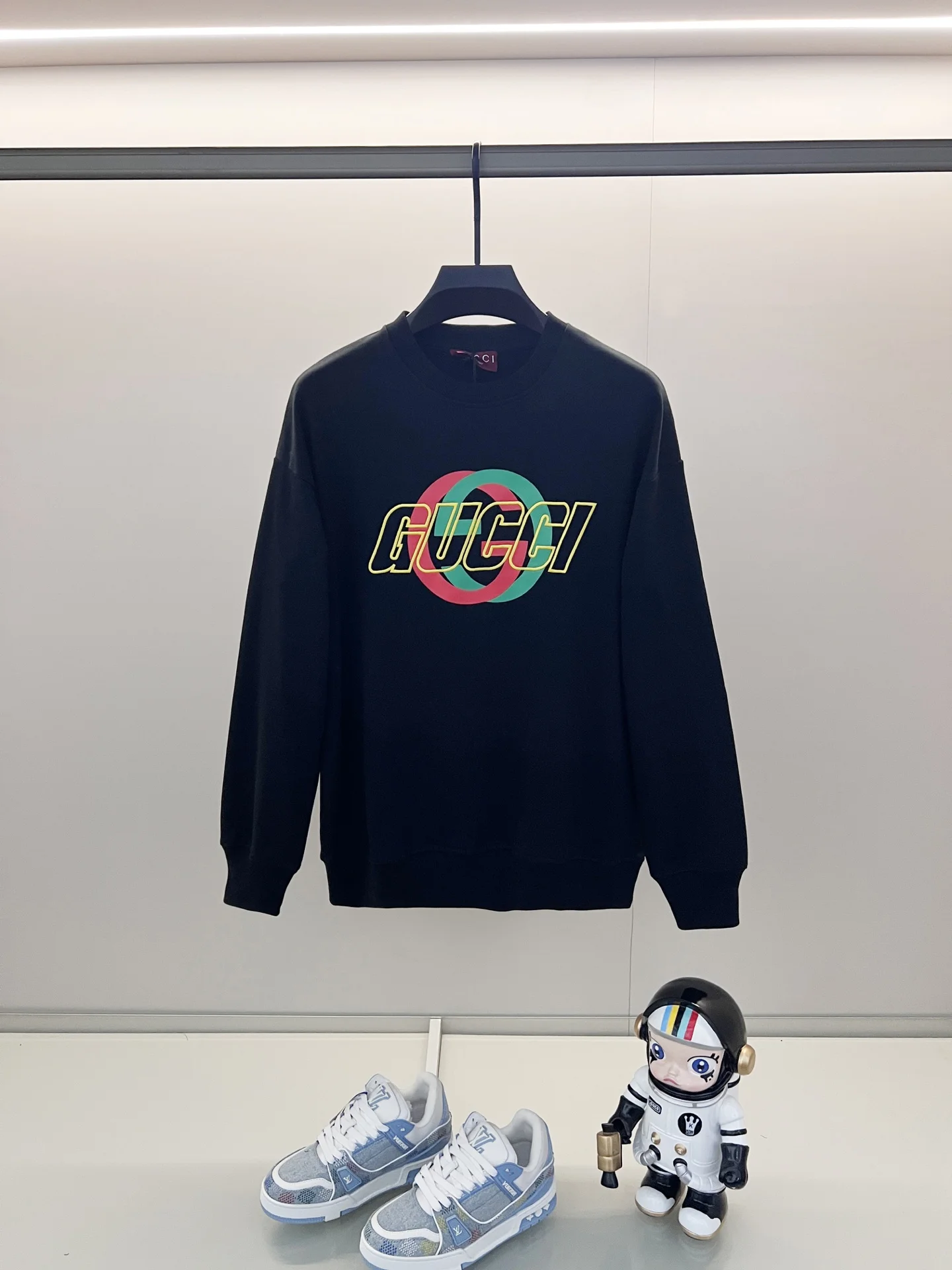 Gucci Black Crew Neck Sweatshirt with Red-Green Print & Embroidered Logo