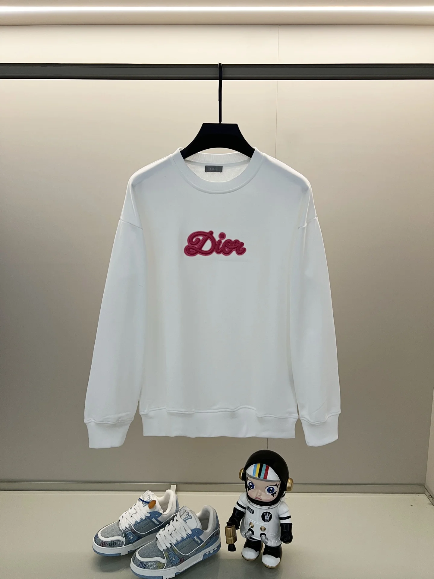 Dior White Crew Neck Sweatshirt with Neon Embroidery Logo