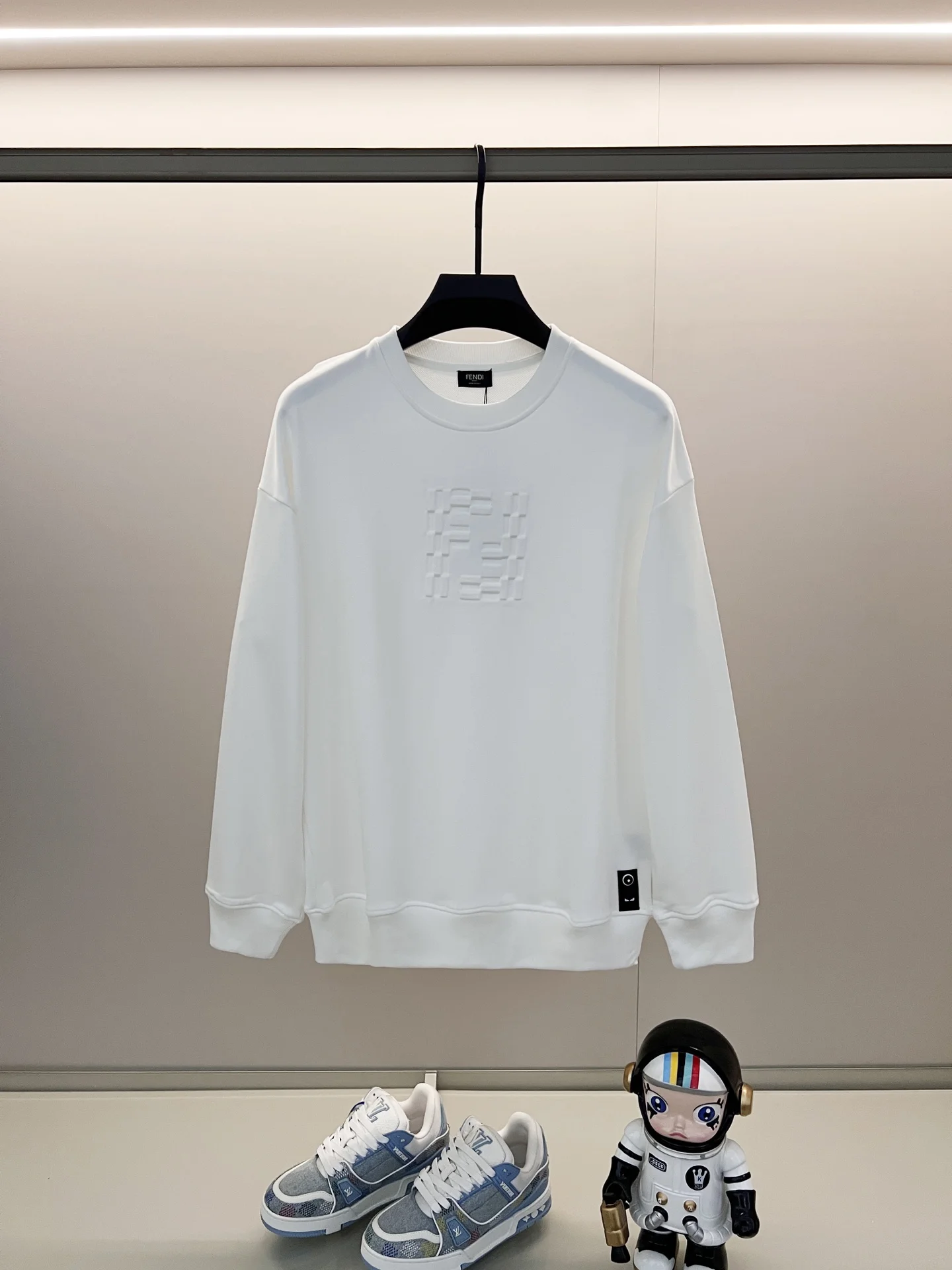 Fendi White Crew Neck Sweatshirt with 3D Embossed FF Logo