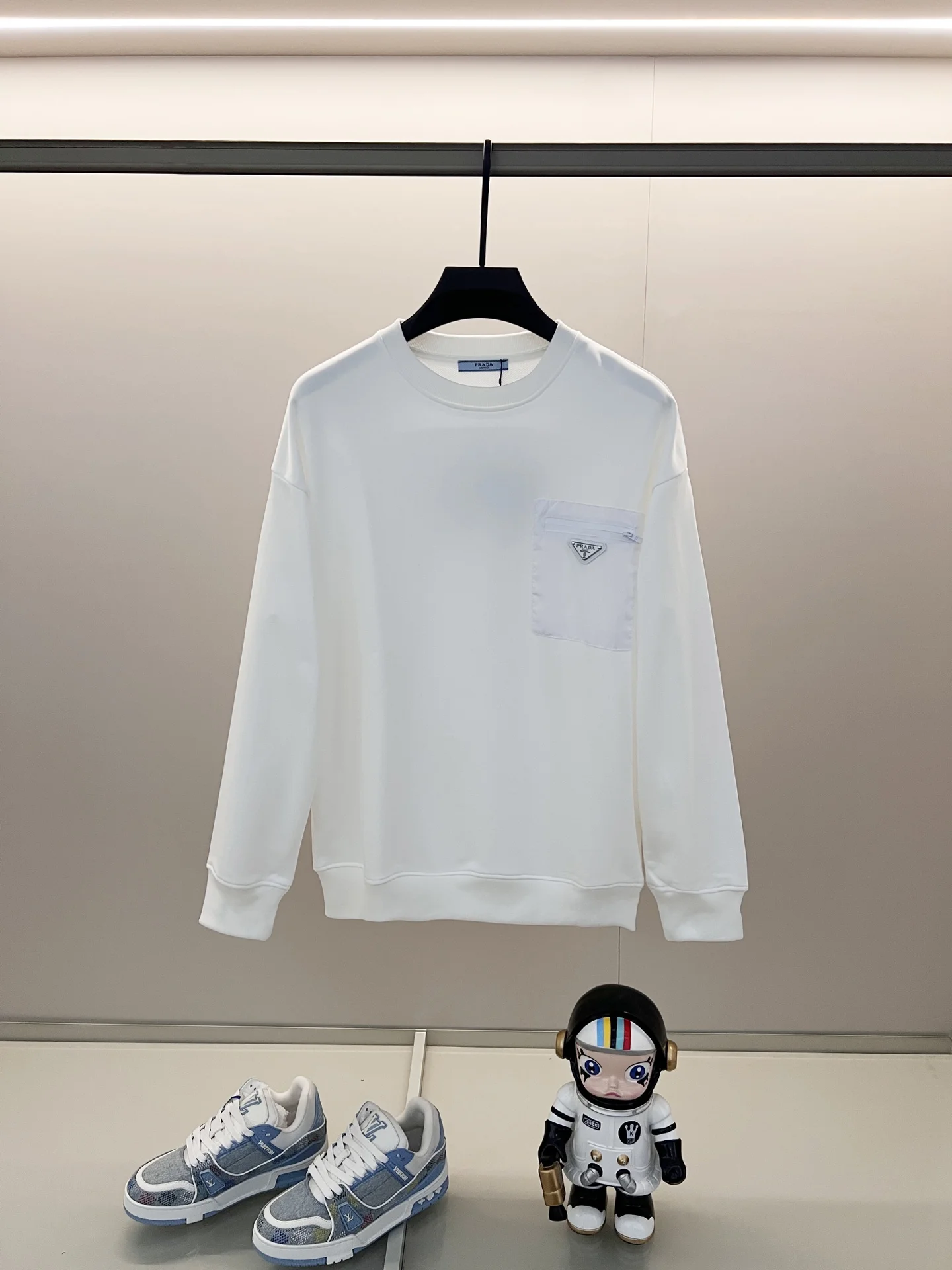 Prada White Crewneck Sweatshirt with Nylon Pocket & Triangle Logo