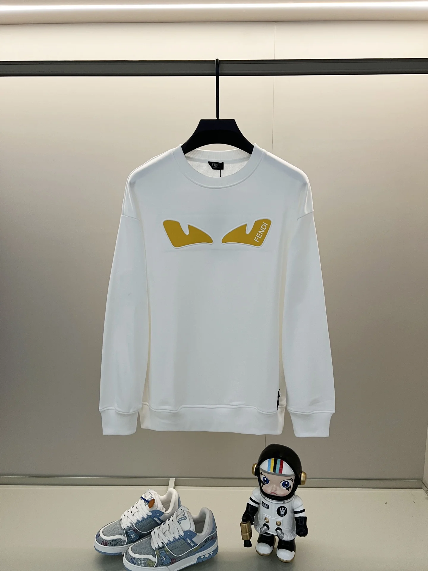 Fendi White Crewneck Sweatshirt with 3D Monster Silicone Eyes