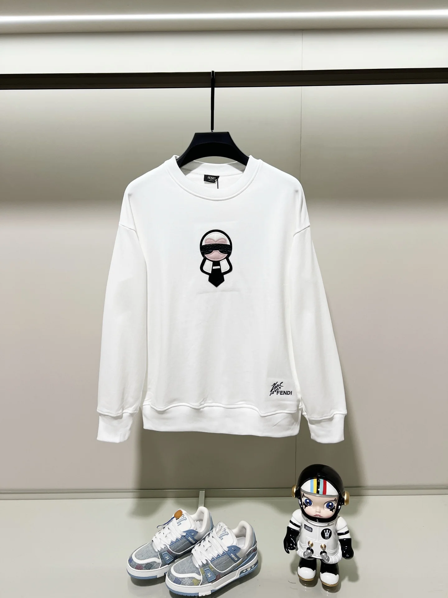 Fendi White Crew-Neck Sweatshirt with Karl Lagerfeld Patch Embroidery