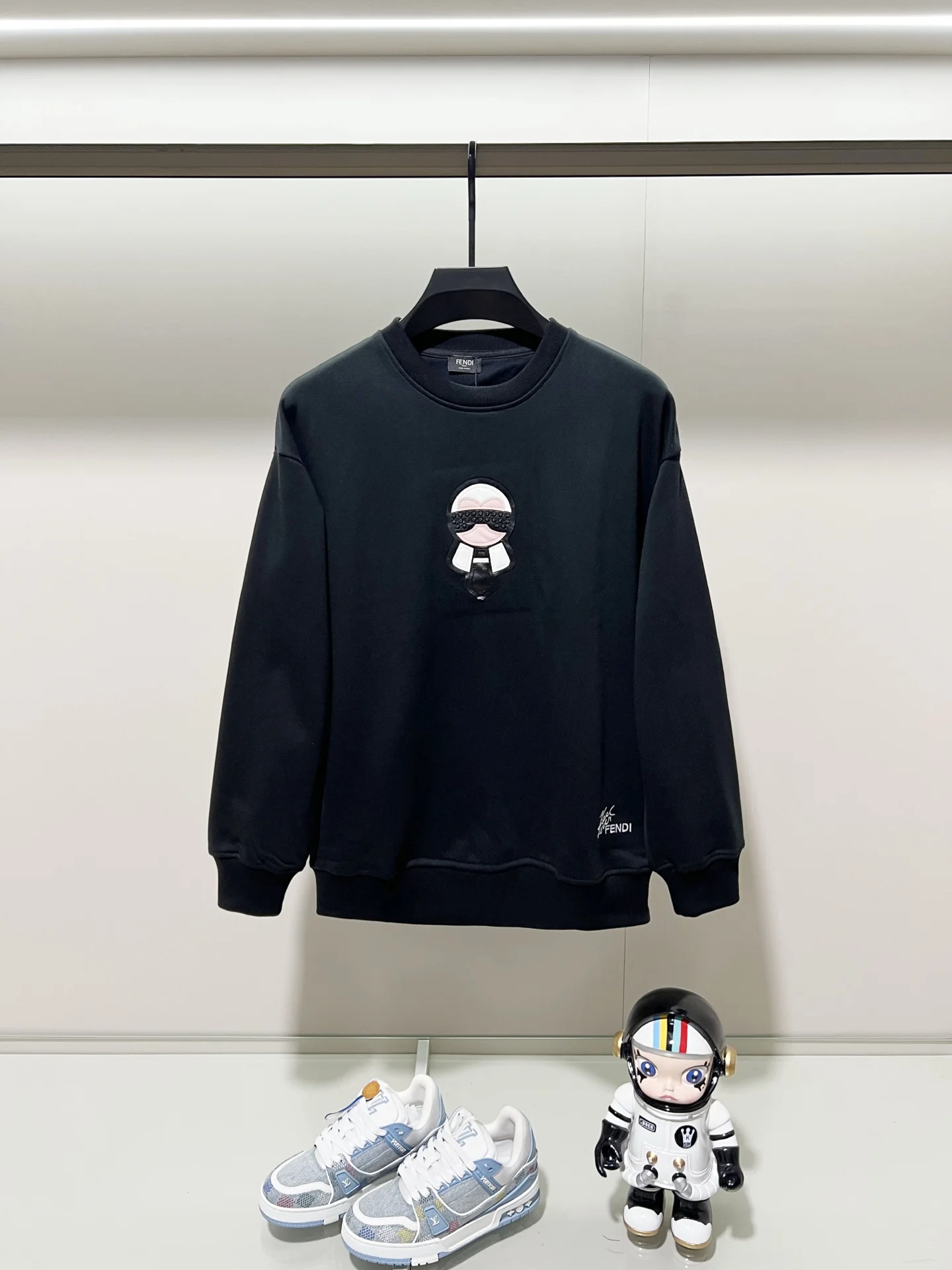 Fendi Black Crew Neck Sweatshirt with Karl Lagerfeld Patch Embroidery