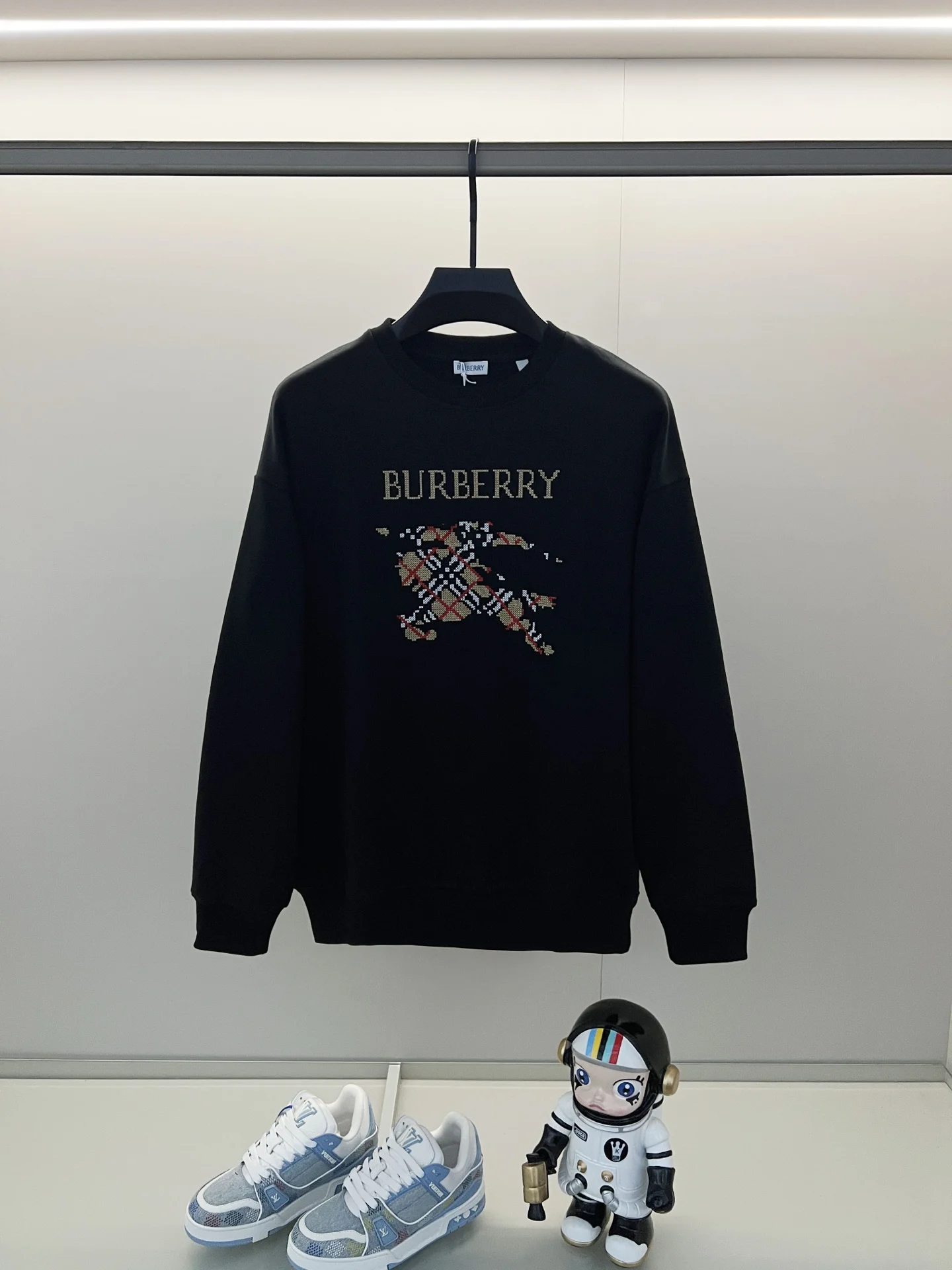 Burberry Black Crew-Neck Sweatshirt with Logo & Horse Embroidery