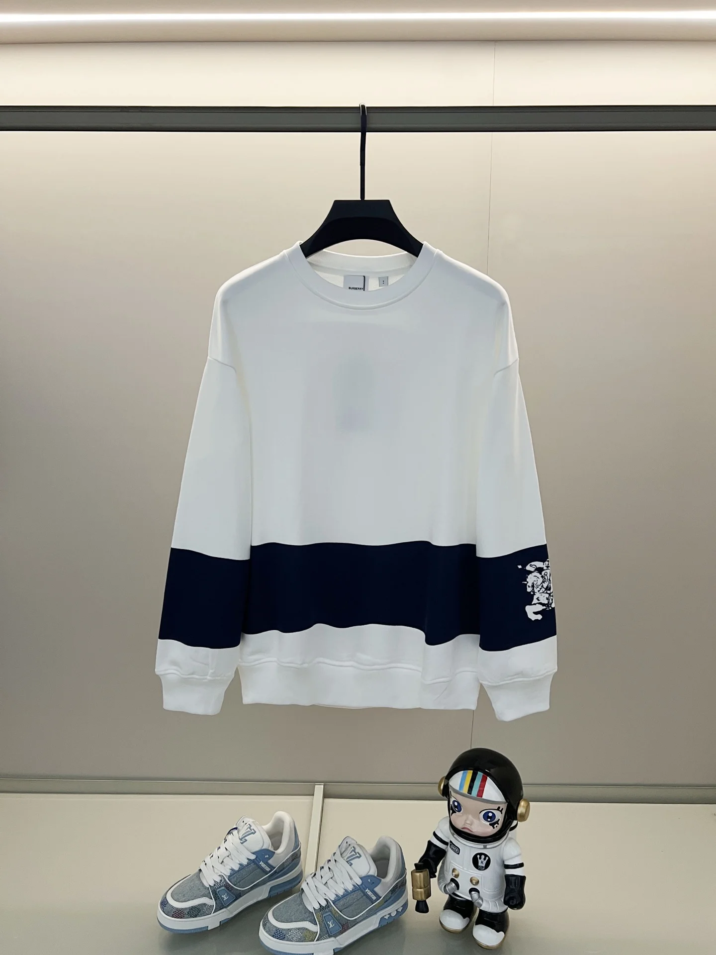 Burberry White Crew Neck Sweatshirt with Stripe Splicing & Horse Logo