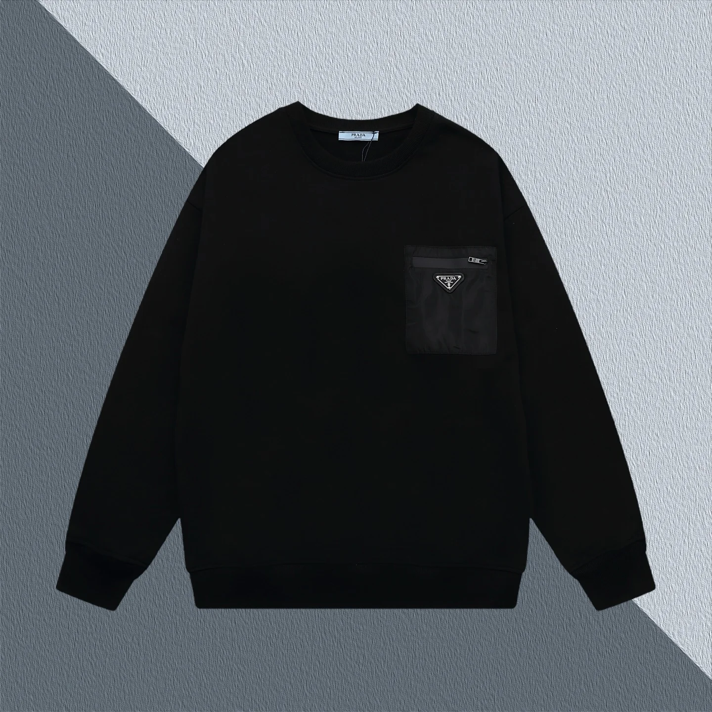 Prada 25SS Black Crewneck Sweatshirt with Triangle Logo Pocket