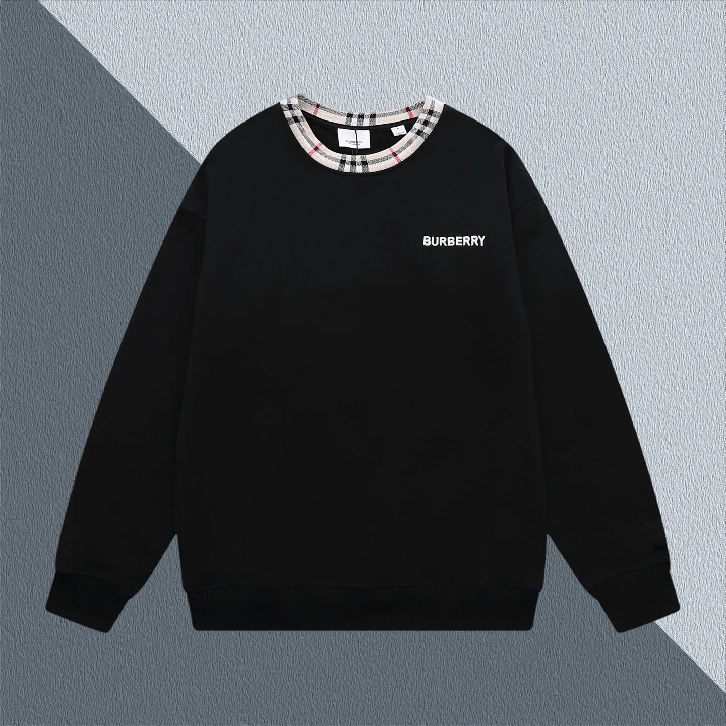 Burberry Black Crew Neck Sweatshirt with Checked Collar & Embroidered Logo