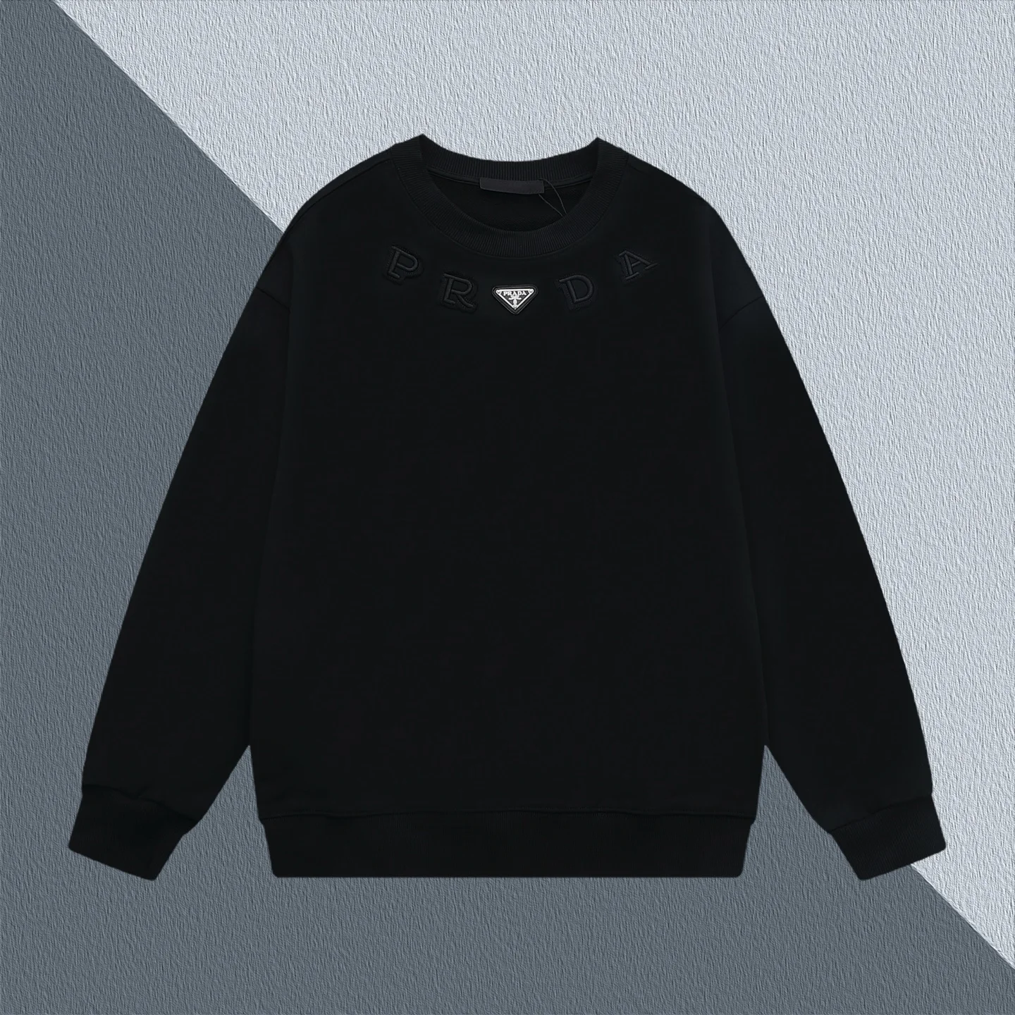 Prada Black Crewneck Sweatshirt with Triangle Logo Embroidery