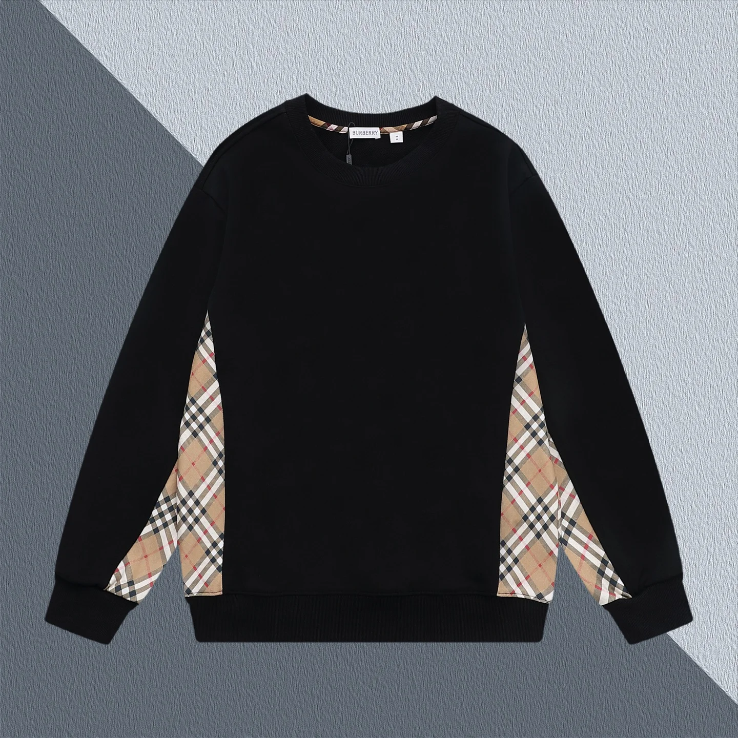 Burberry Black Crew Neck Sweatshirt with Classic Check Pattern Panels