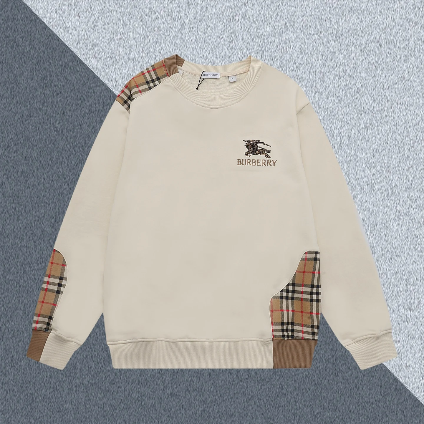 Burberry Beige Crew Neck Sweatshirt with Plaid Patchwork & Embroidered Logo