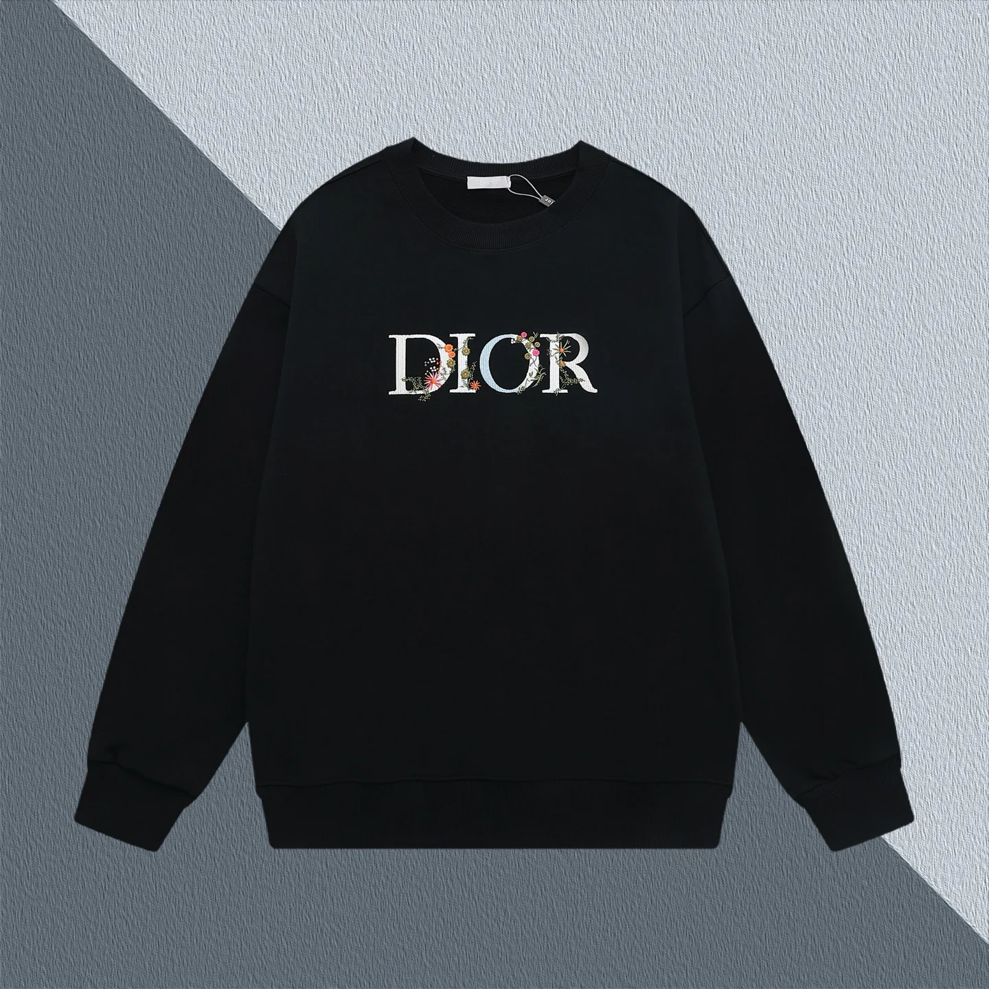Dior Black Crew Neck Sweatshirt with Floral Letter Embroidery