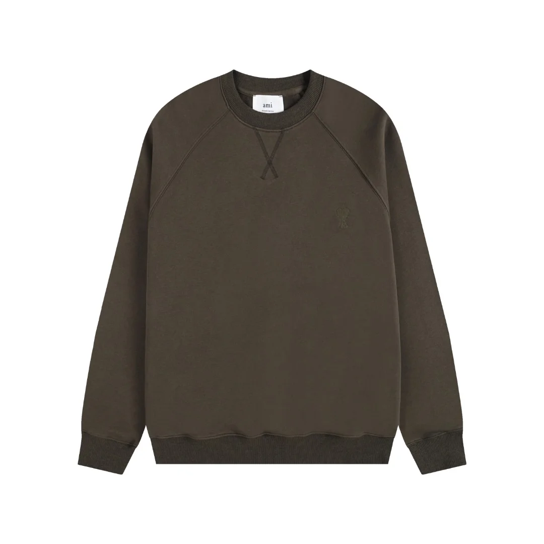 Ami Brown Crew-Neck Sweatshirt with Same-Color Heart Embroidery