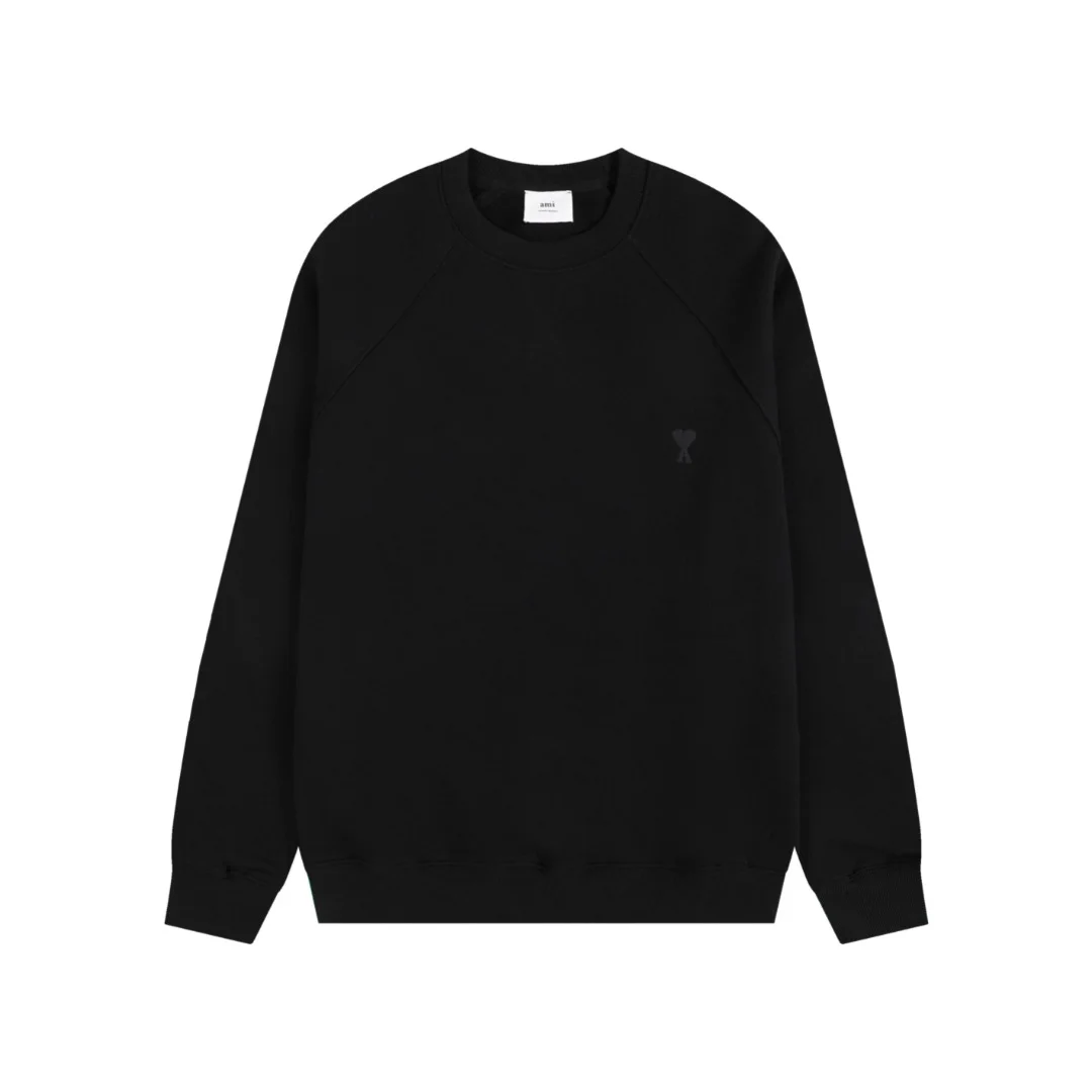 Ami Black Crew-Neck Sweatshirt with Same-Color Heart Embroidery
