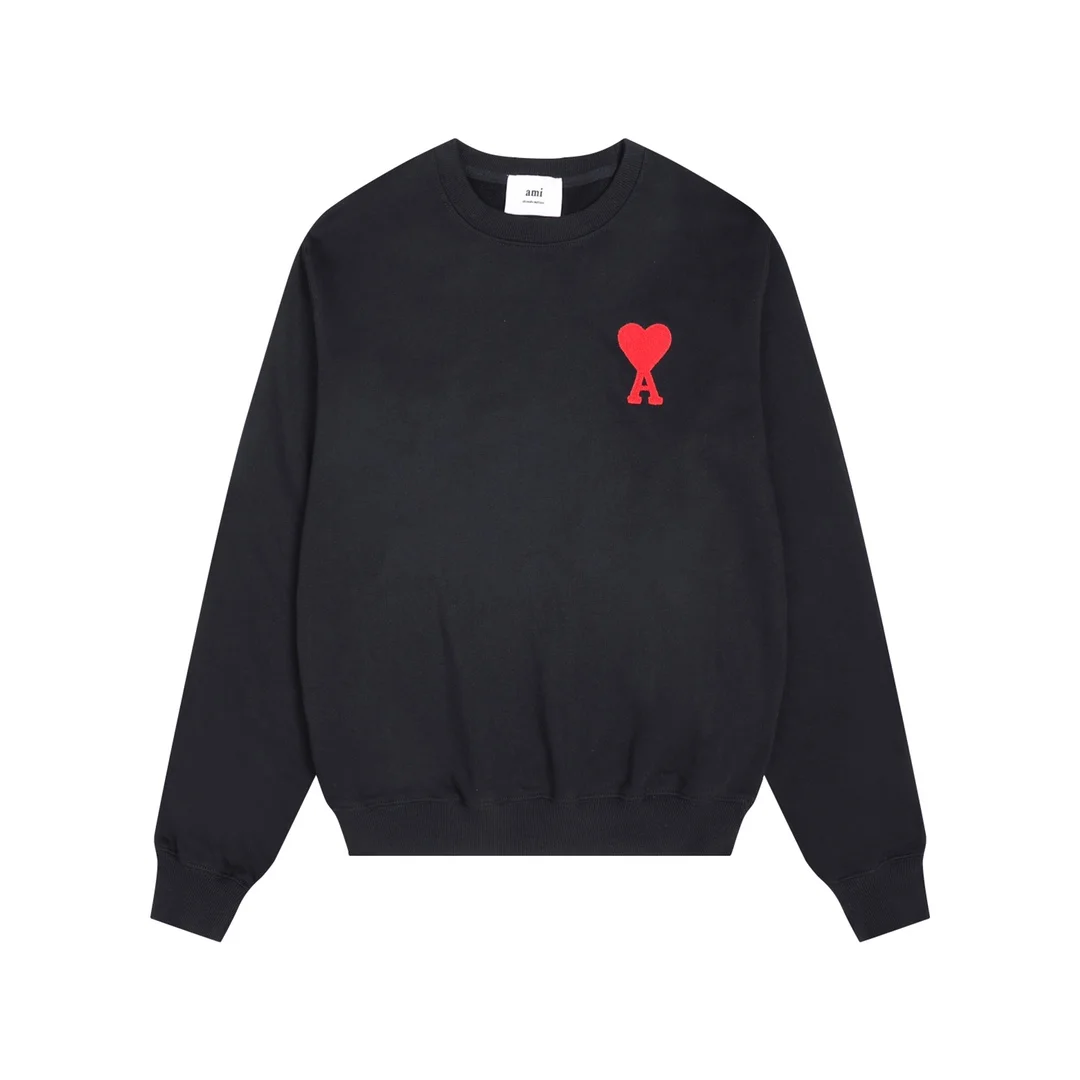 Ami 2025 Black Crewneck Sweatshirt with Red Heart Towel Embroidery