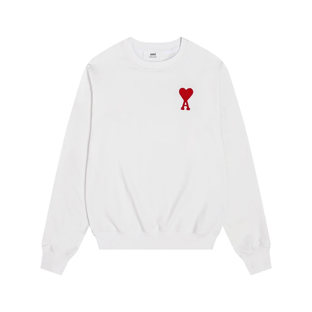Ami White Crew Neck Sweatshirt with Red Heart Towel Embroidery